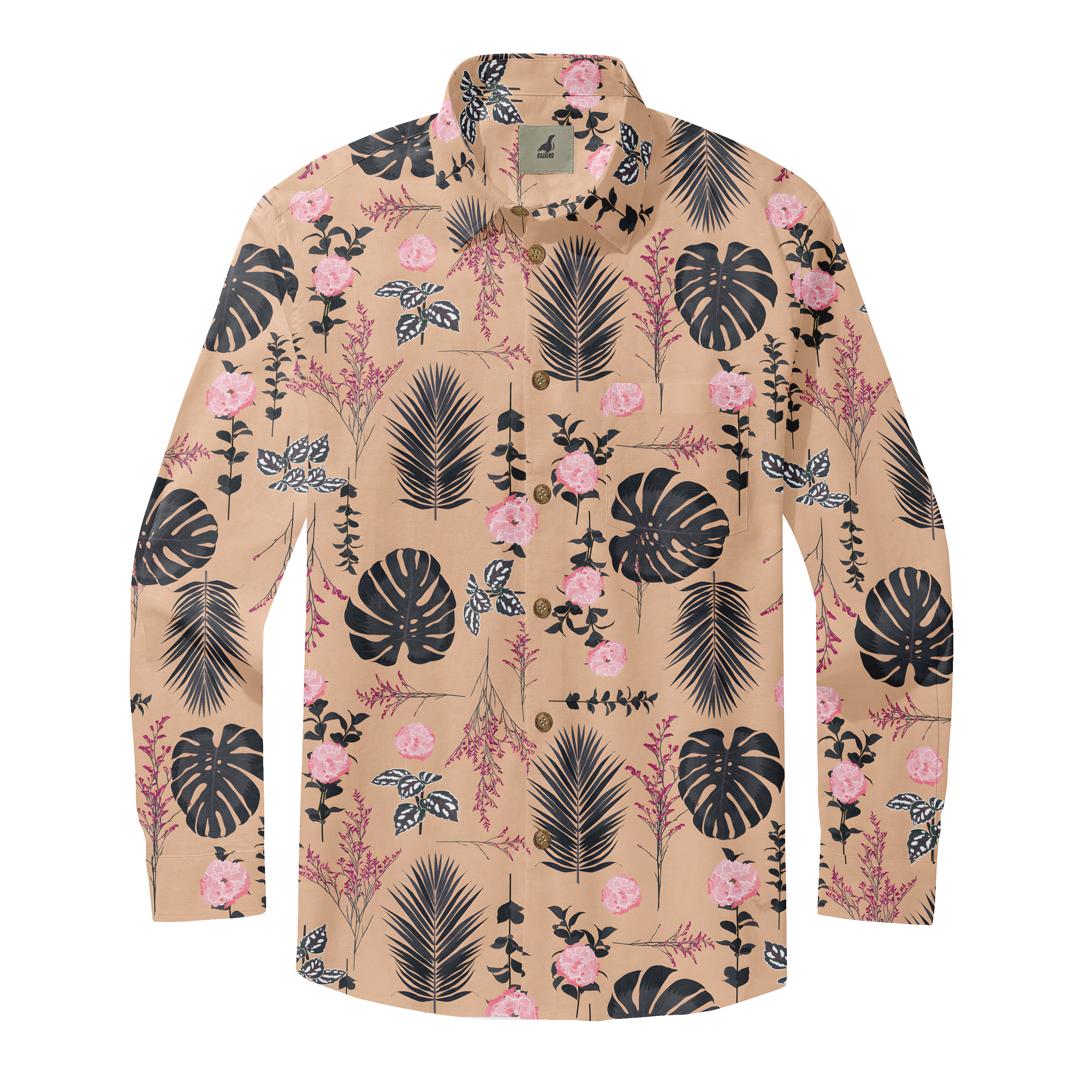 Beige long-sleeve shirt with tropical leaf and pink floral pattern.