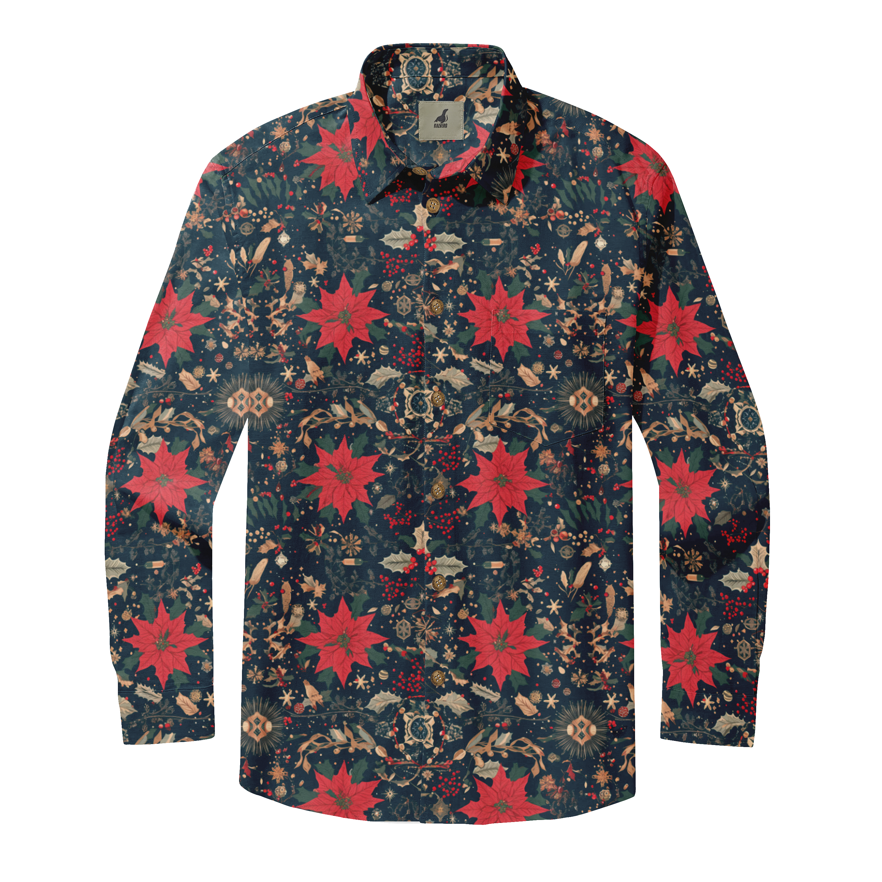 Festive long-sleeve shirt with red poinsettias, holly, and winter.