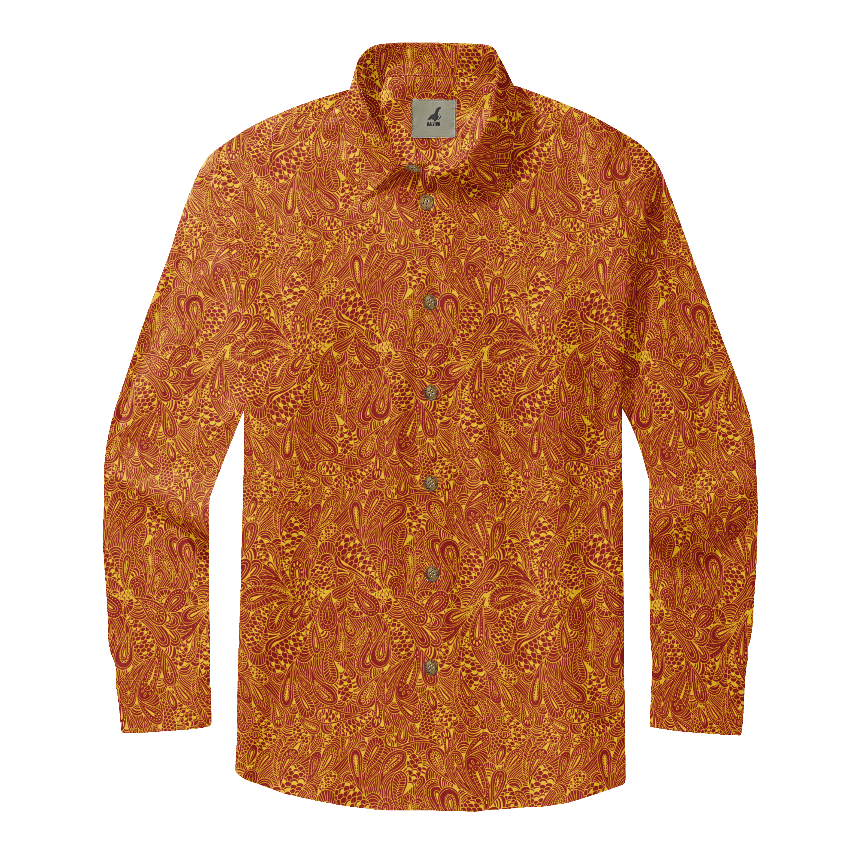 Long-sleeve button-up shirt with vibrant red and yellow floral.