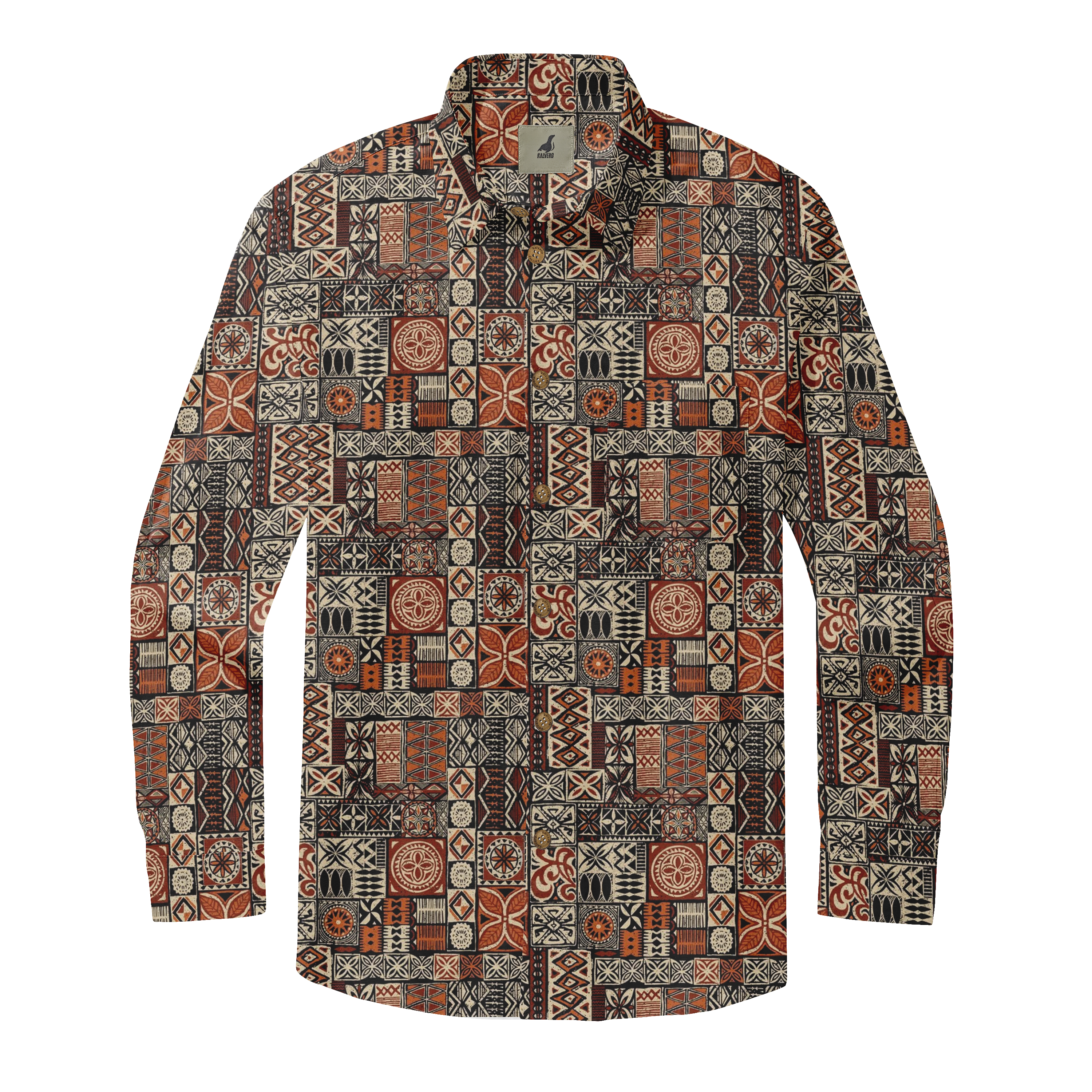 Patterned long-sleeve shirt with geometric designs in earthy tones.