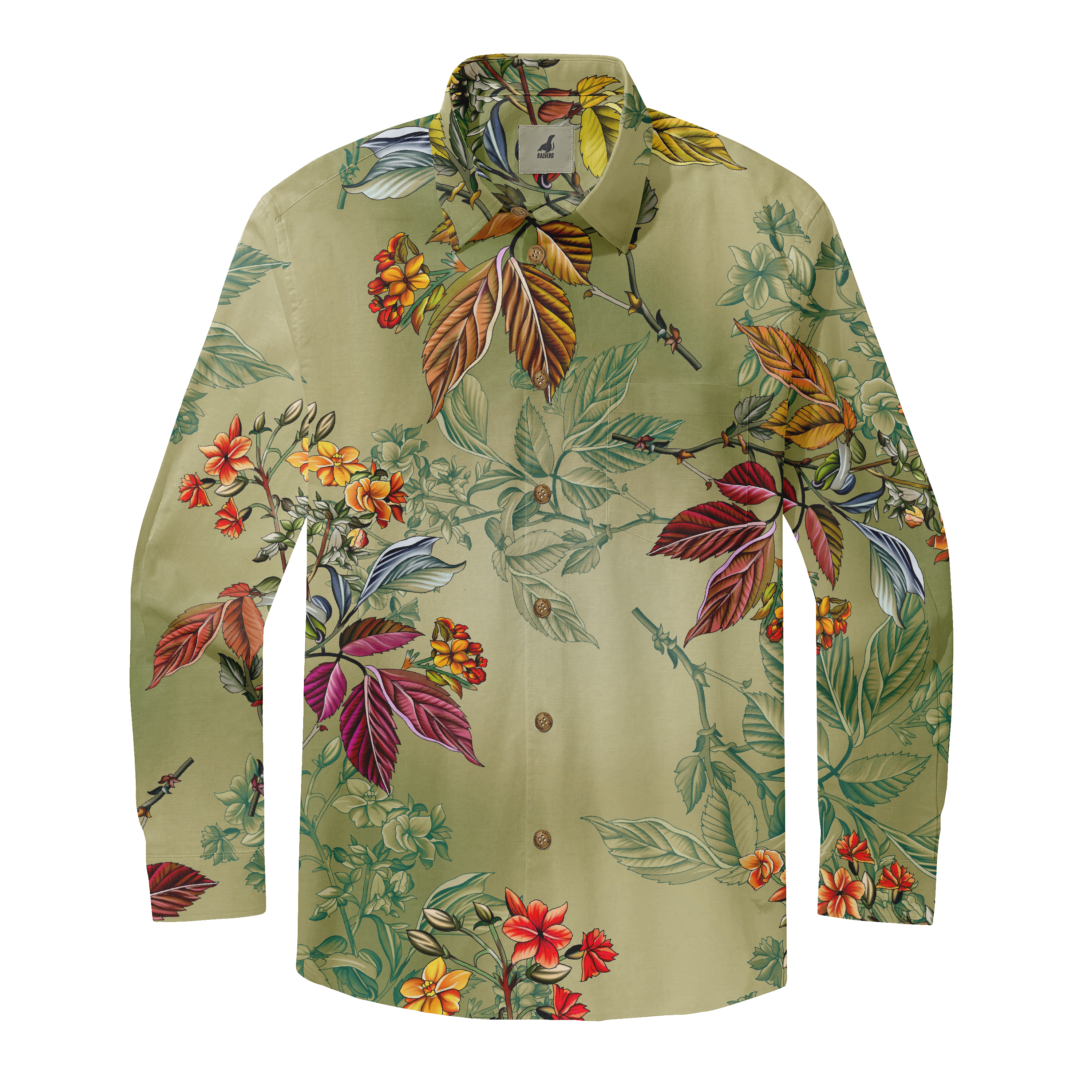 Olive green long-sleeve shirt with vibrant floral and leaf pattern.