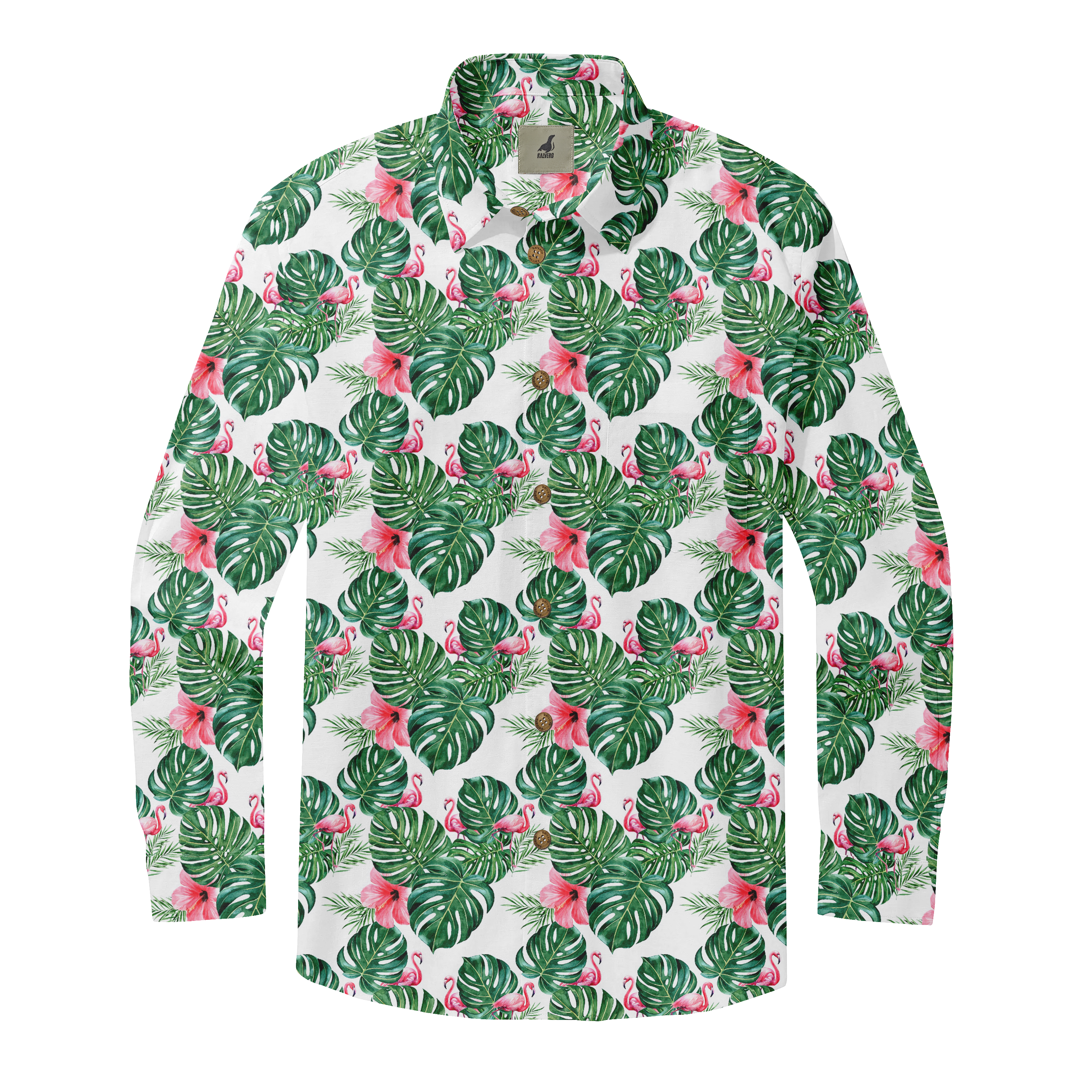 White shirt with green leaves, pink flowers, and flamingos.