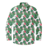 White shirt with green leaves, pink flowers, and flamingos.