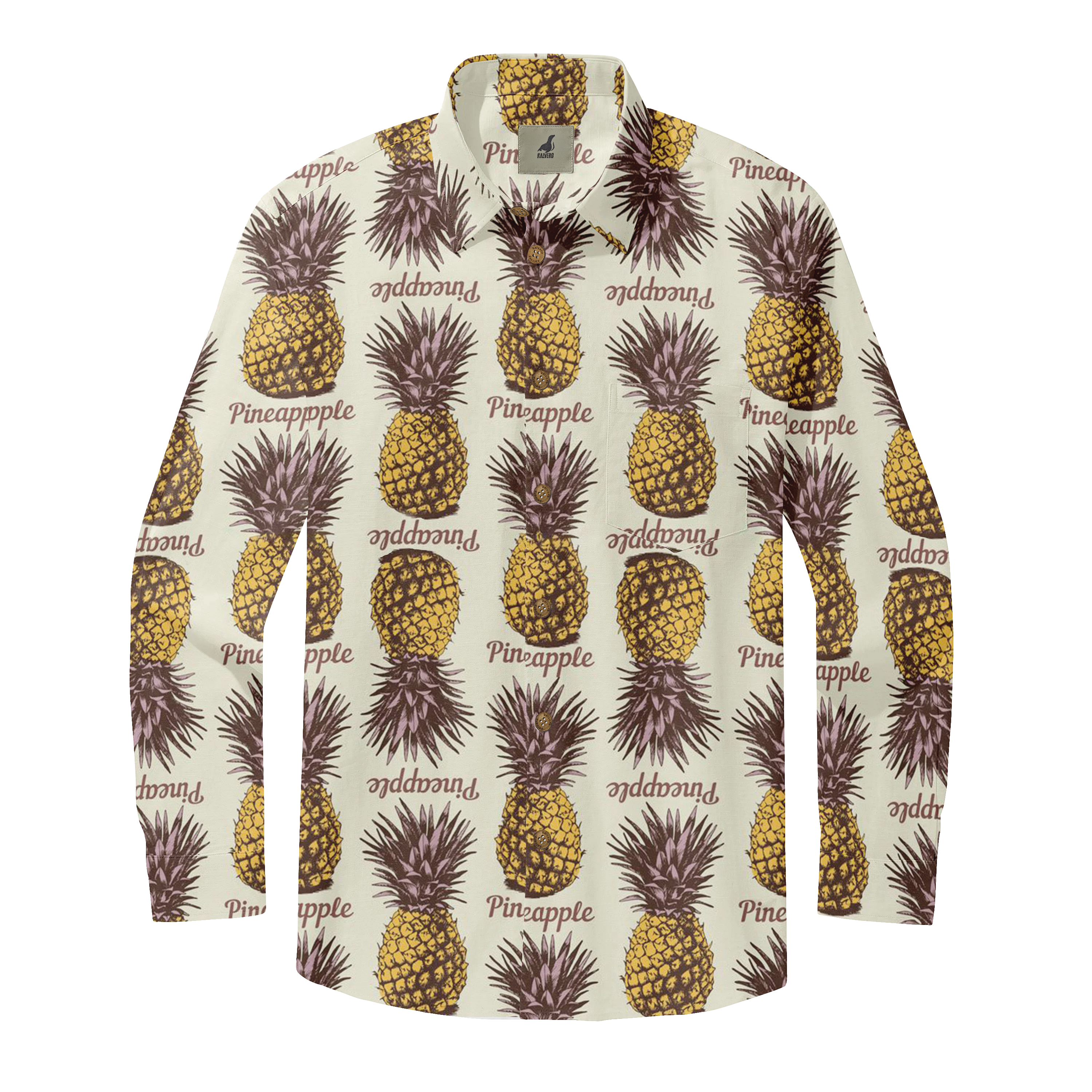 Pineapple-patterned long-sleeve shirt with repeated "Pineapple" text.