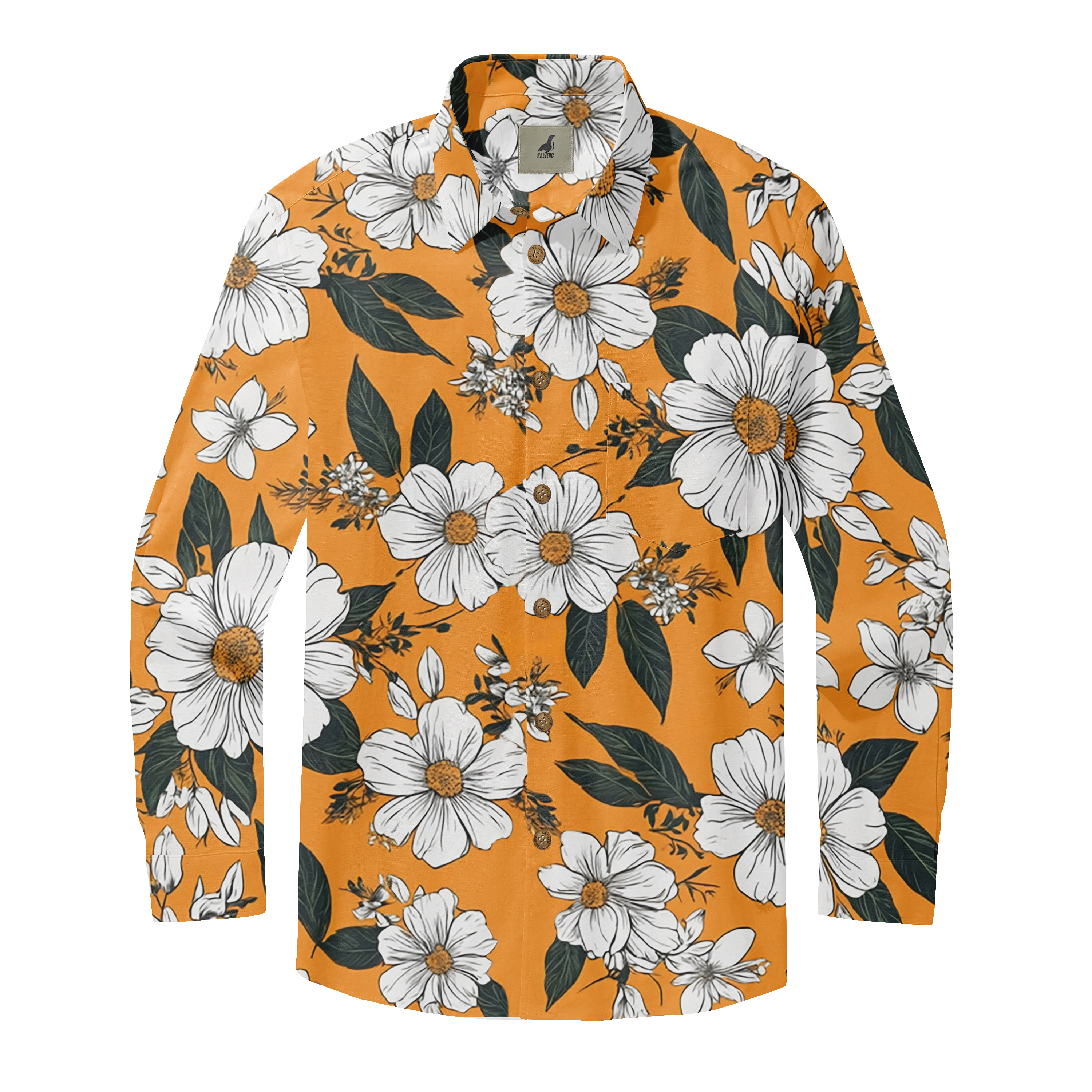 Vibrant orange shirt with white floral and green leaf pattern.