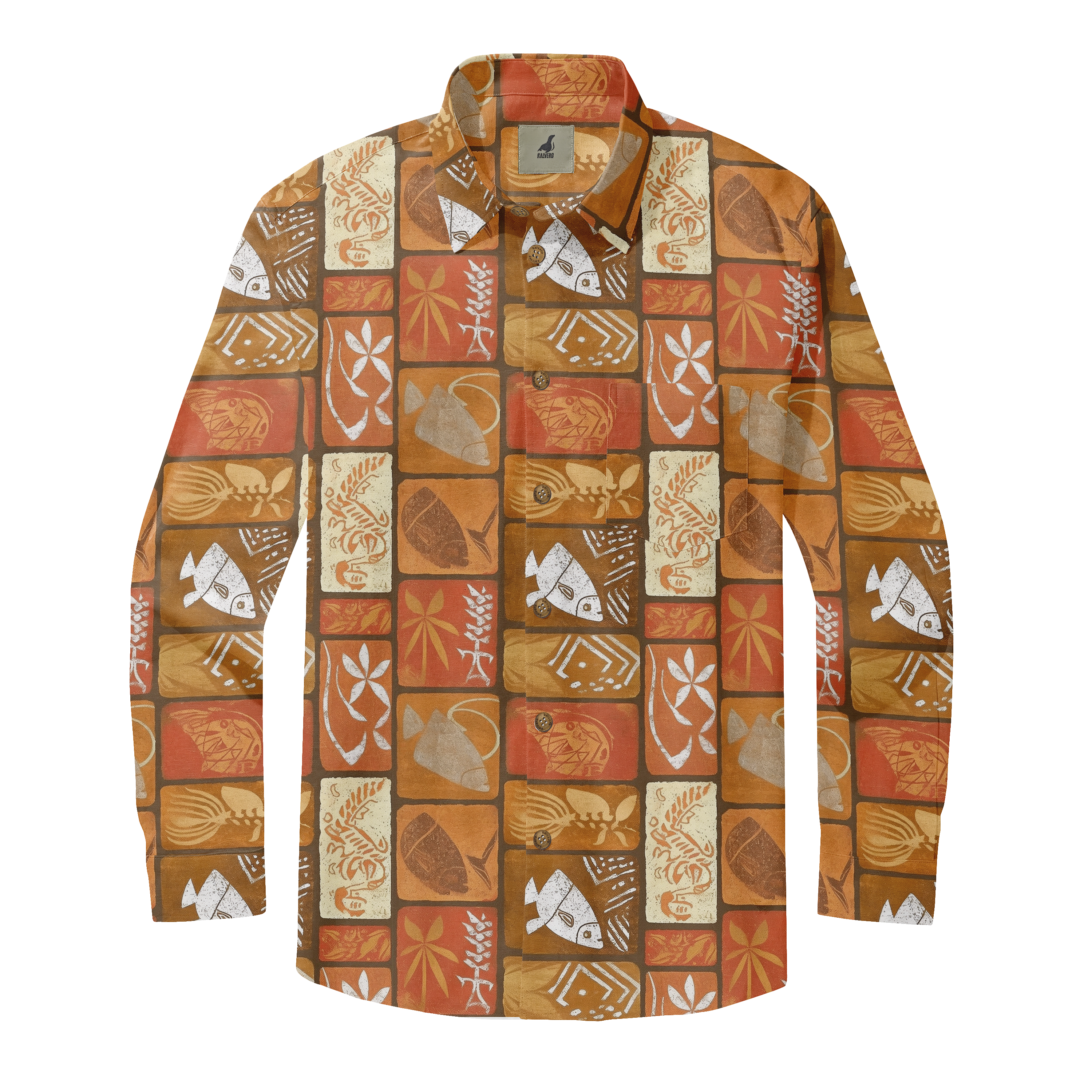 A long-sleeve button-up shirt with a vibrant, geometric pattern.