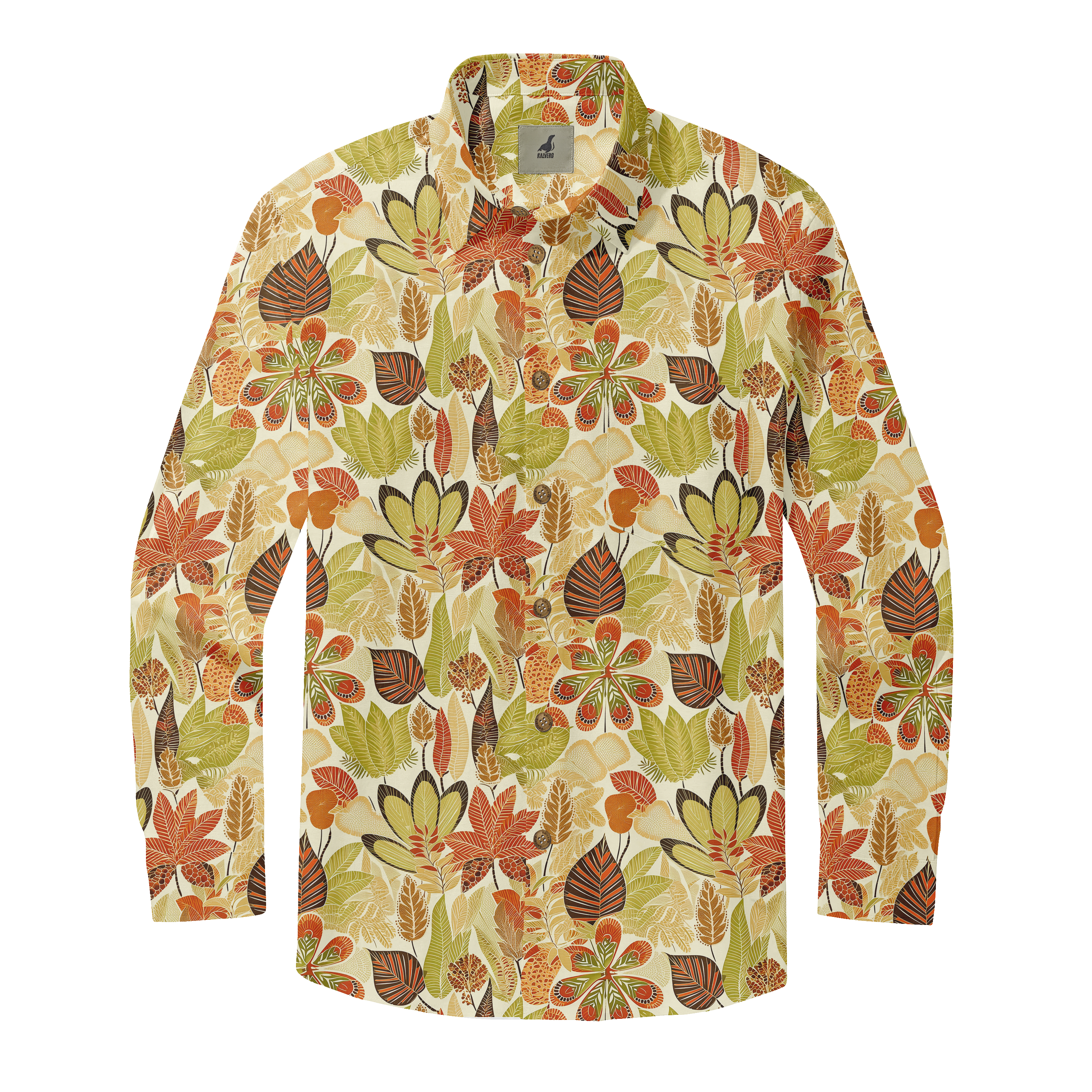 Long-sleeve shirt with autumn leaf pattern in warm tones, featuring.