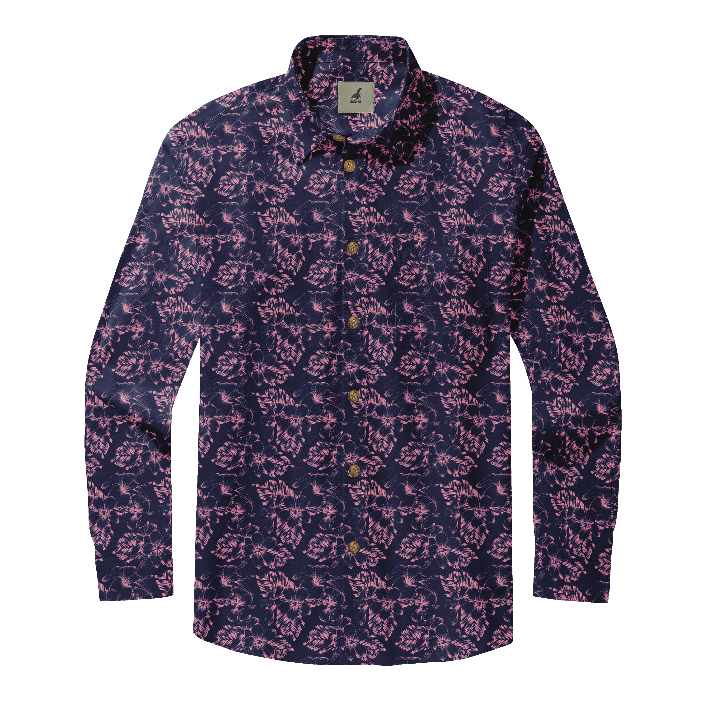 Navy blue shirt with pink floral pattern and buttons.