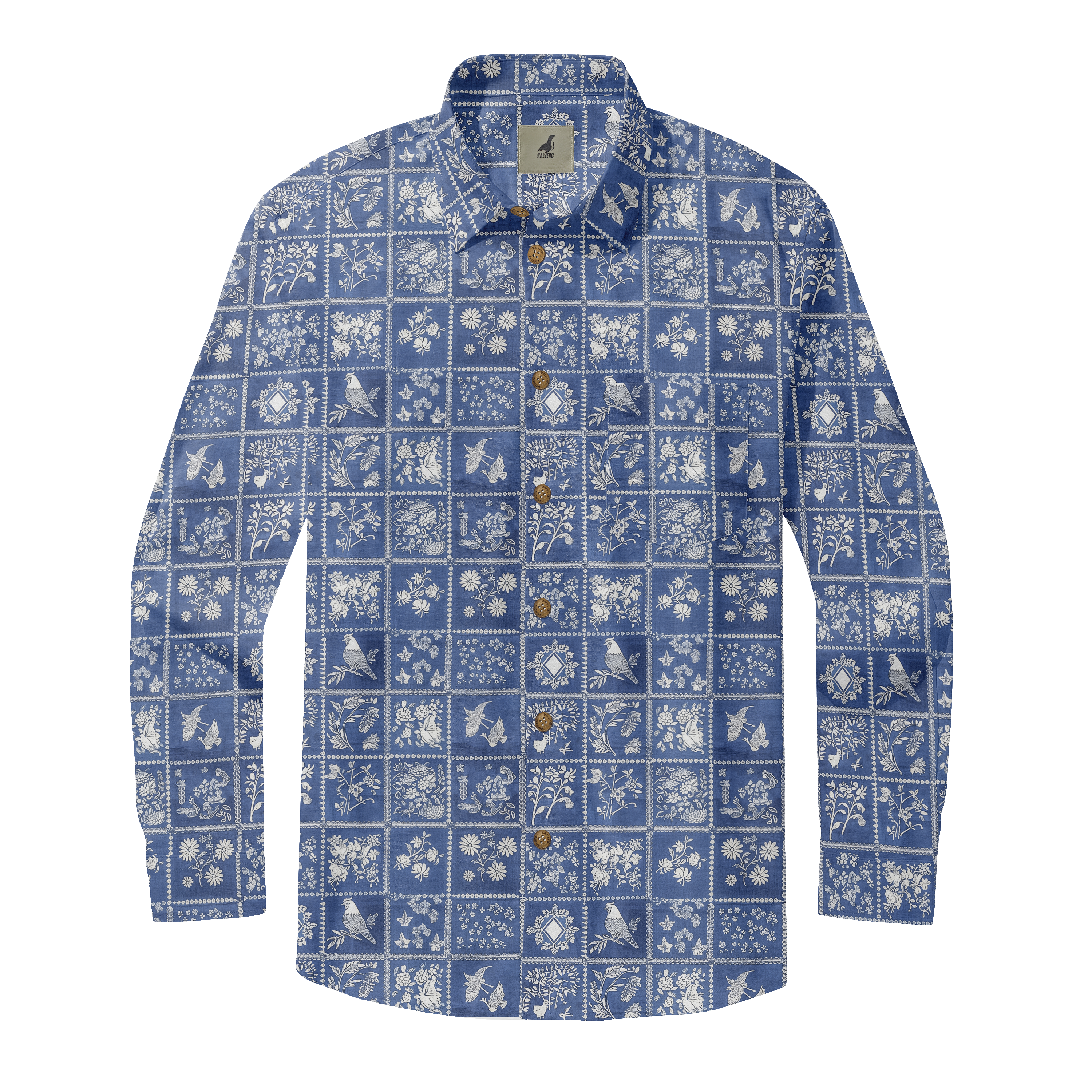 Blue shirt with white floral and bird patterns.