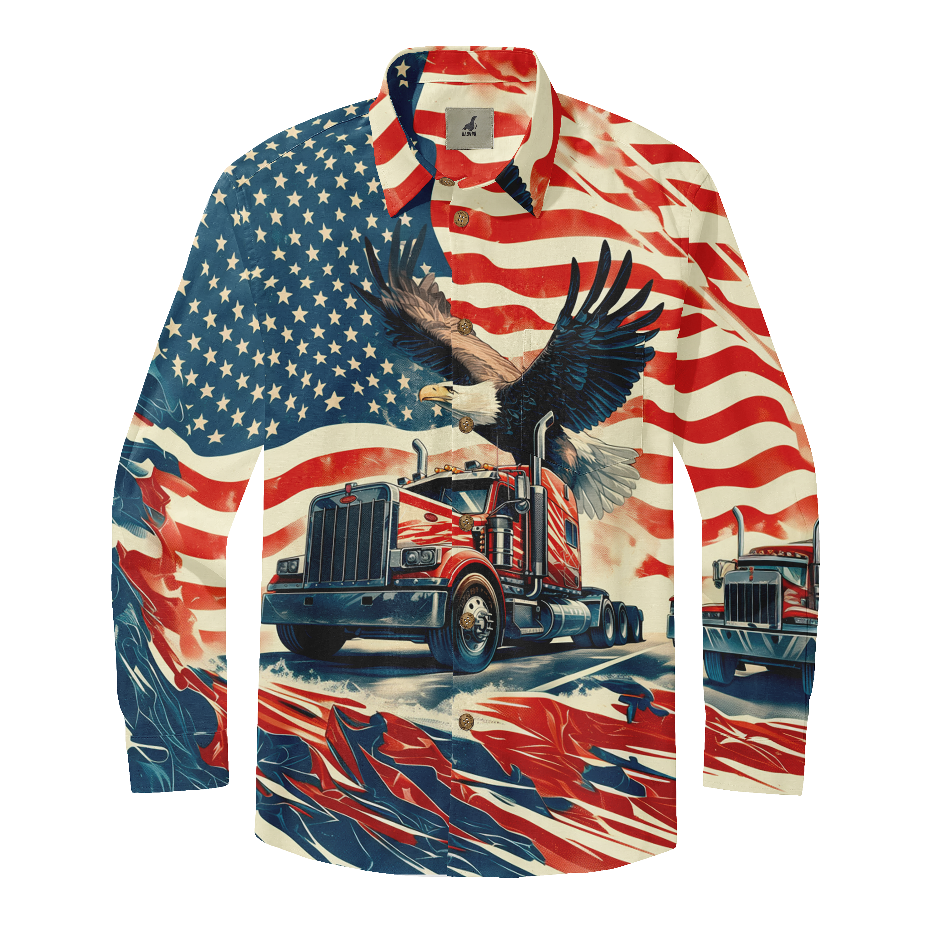 Patriotic shirt featuring American flag, eagle, and red truck design.