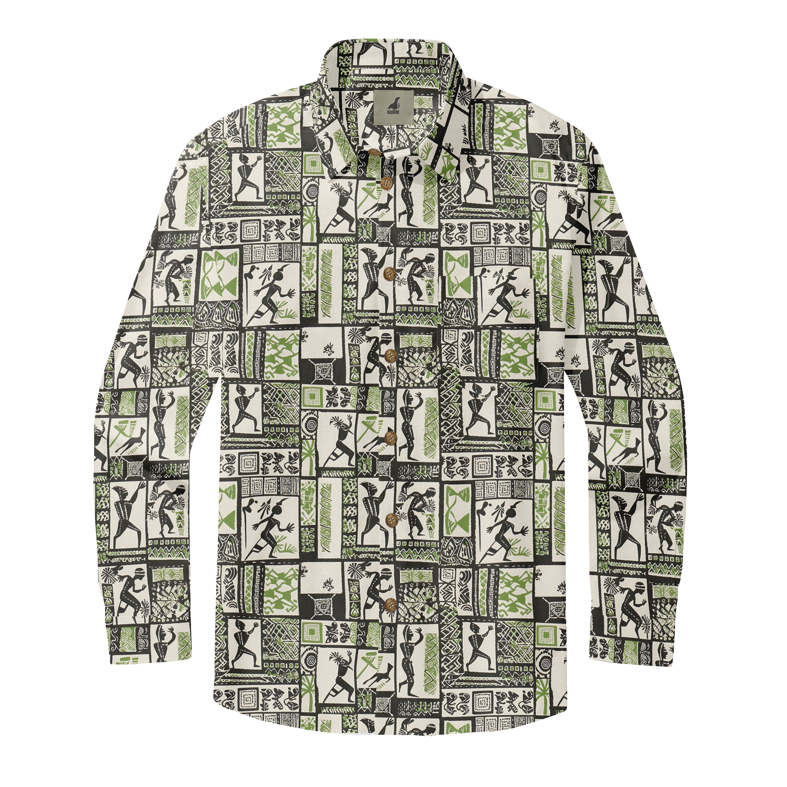 Long-sleeve shirt with green, black, and white tribal-inspired.