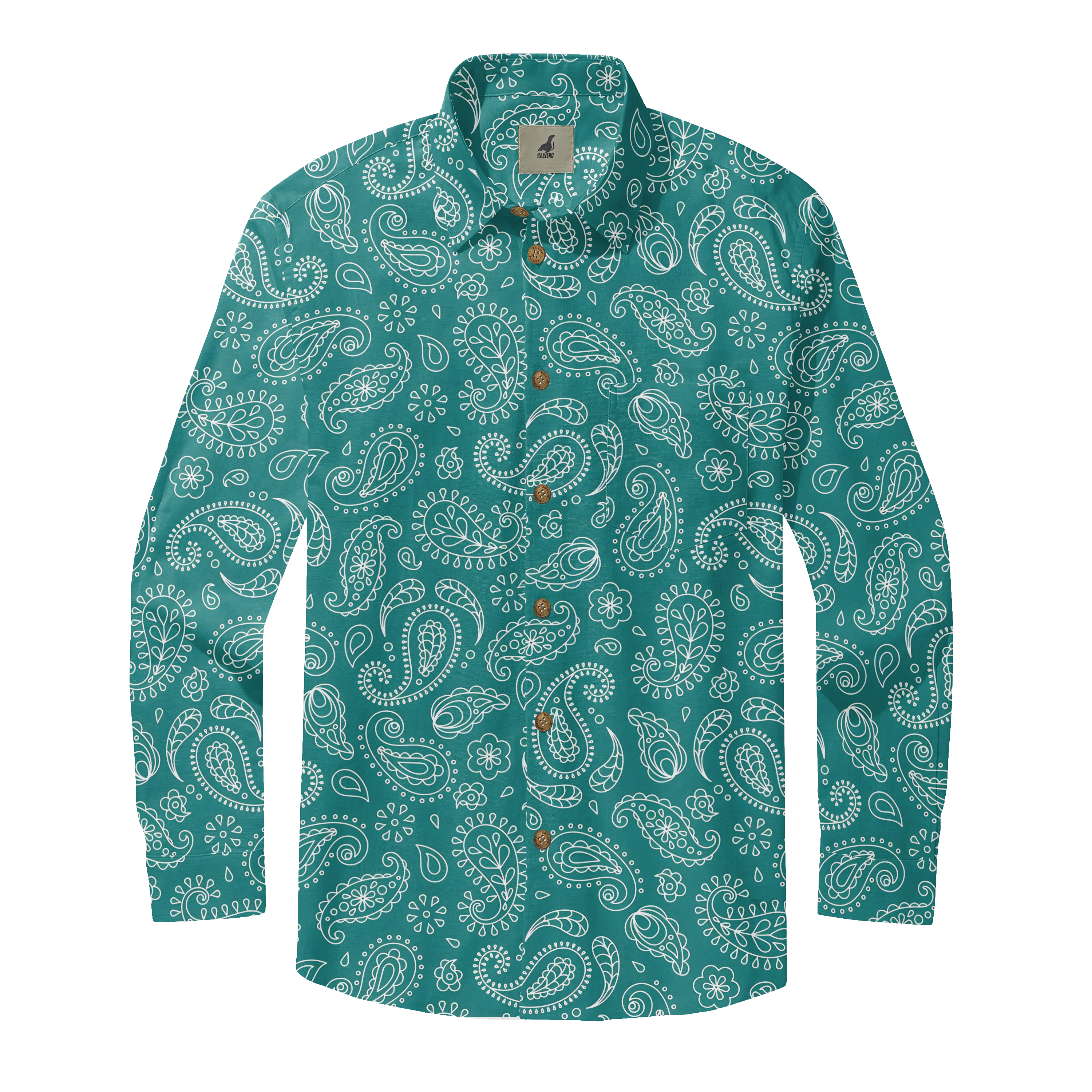 Teal long-sleeve shirt with white paisley pattern and wooden buttons.