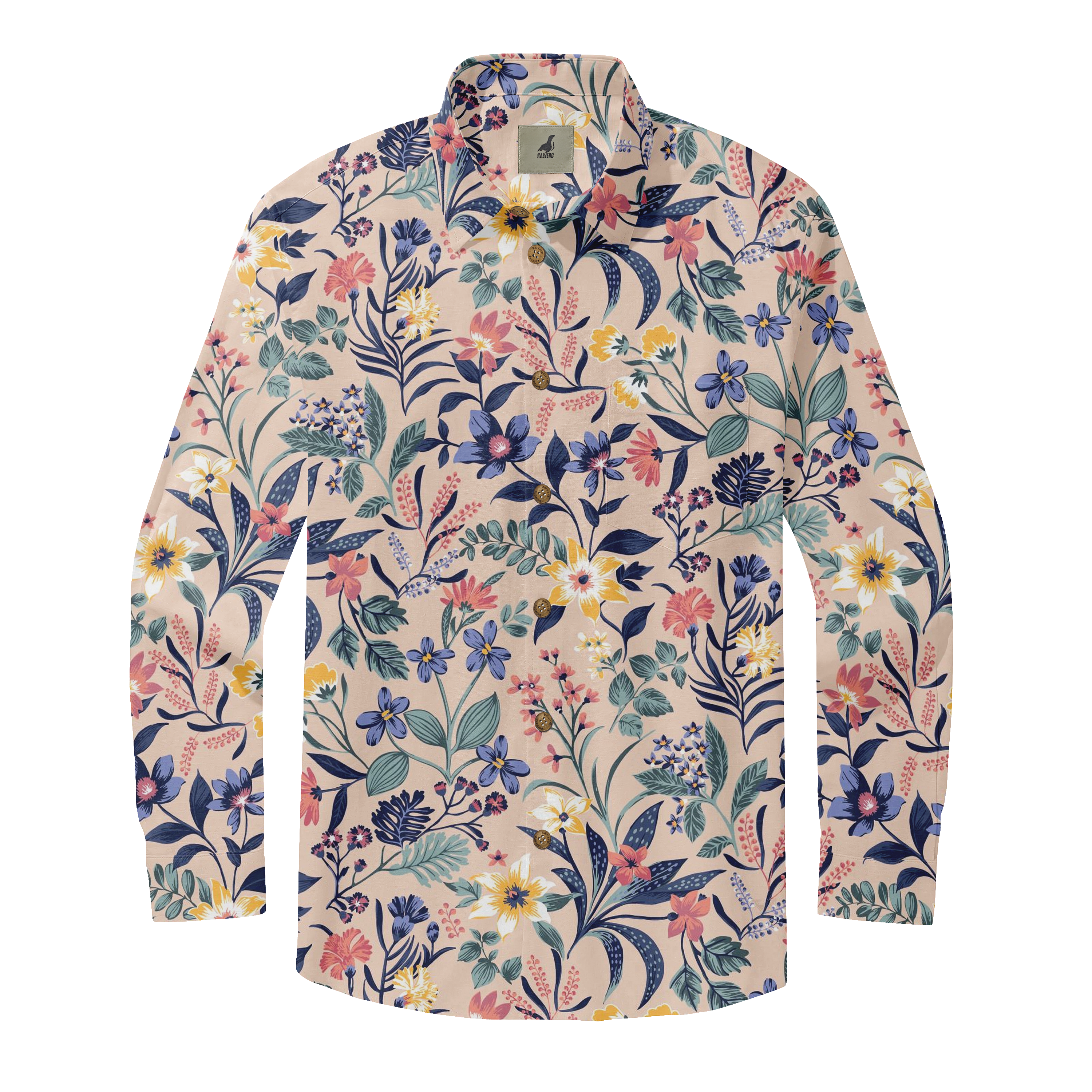 Beige shirt with colorful floral pattern.