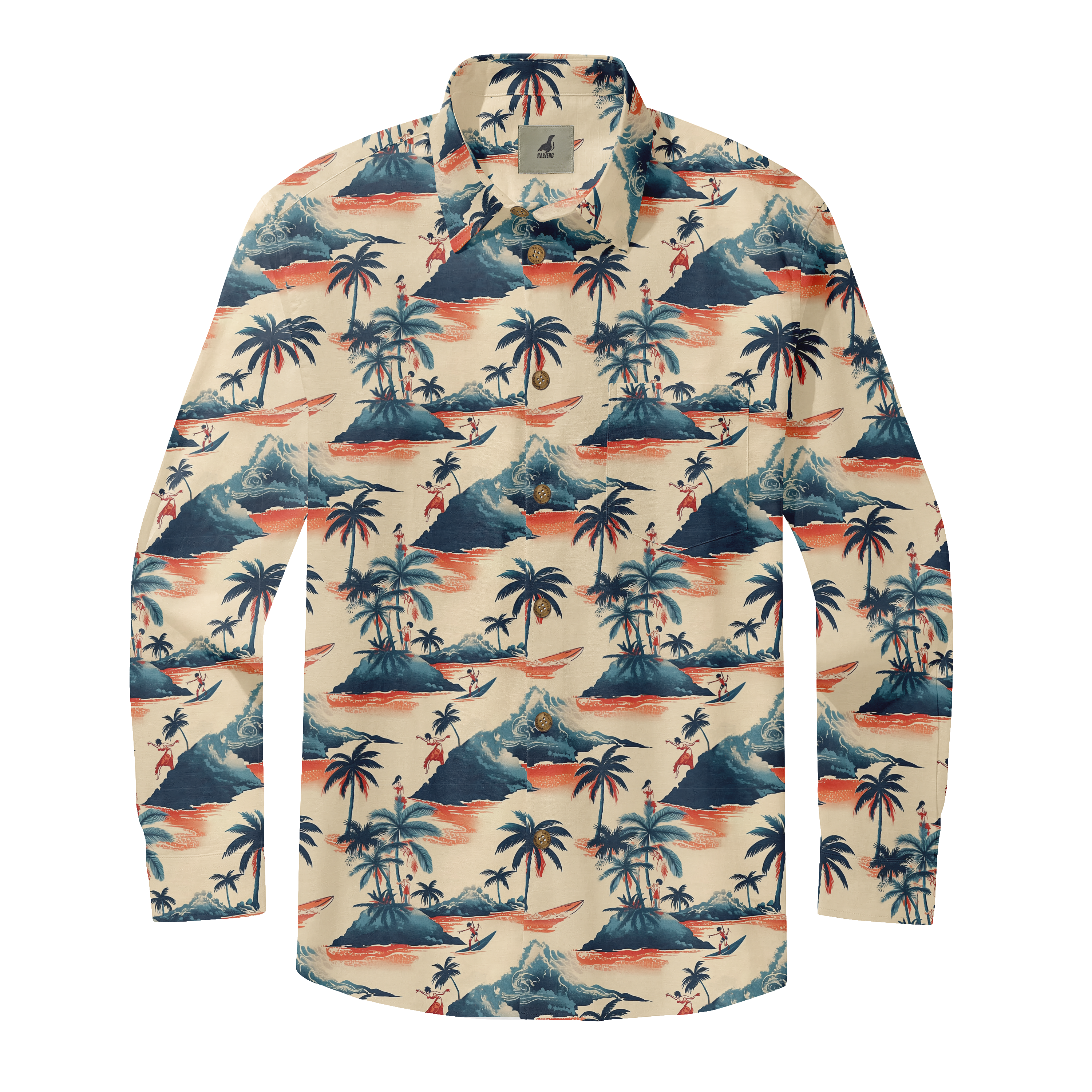 Tropical print long-sleeve shirt with palm trees, islands.