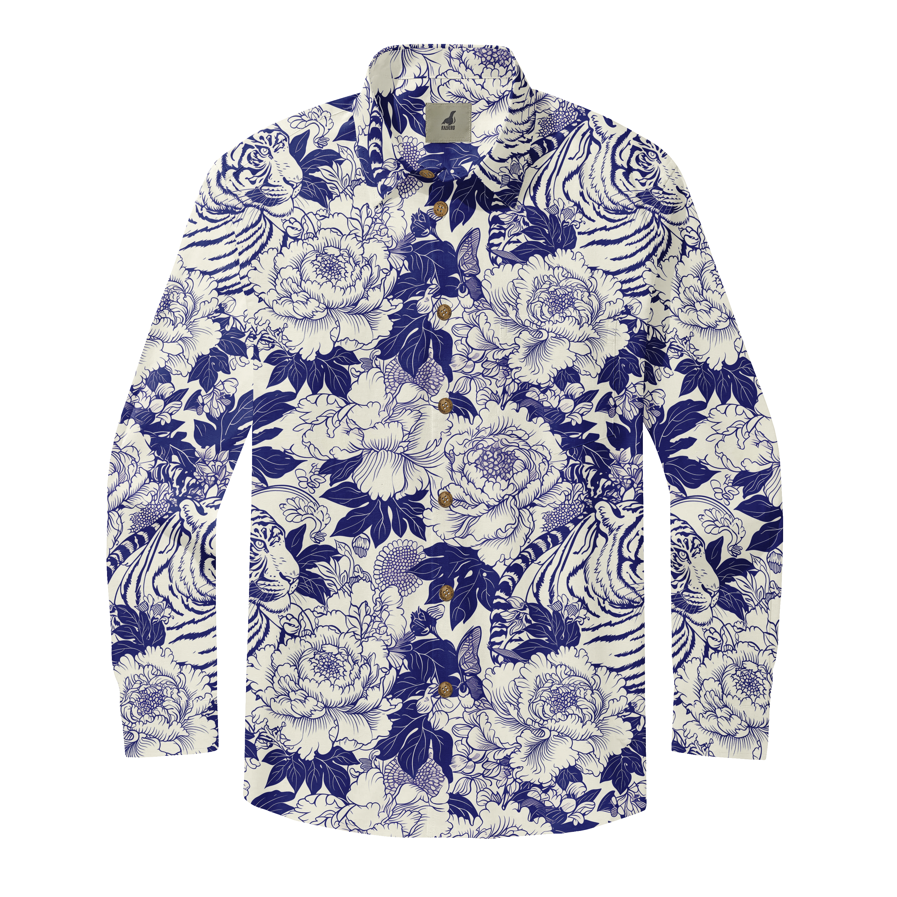 Blue and white floral shirt with tiger patterns, featuring a classic.