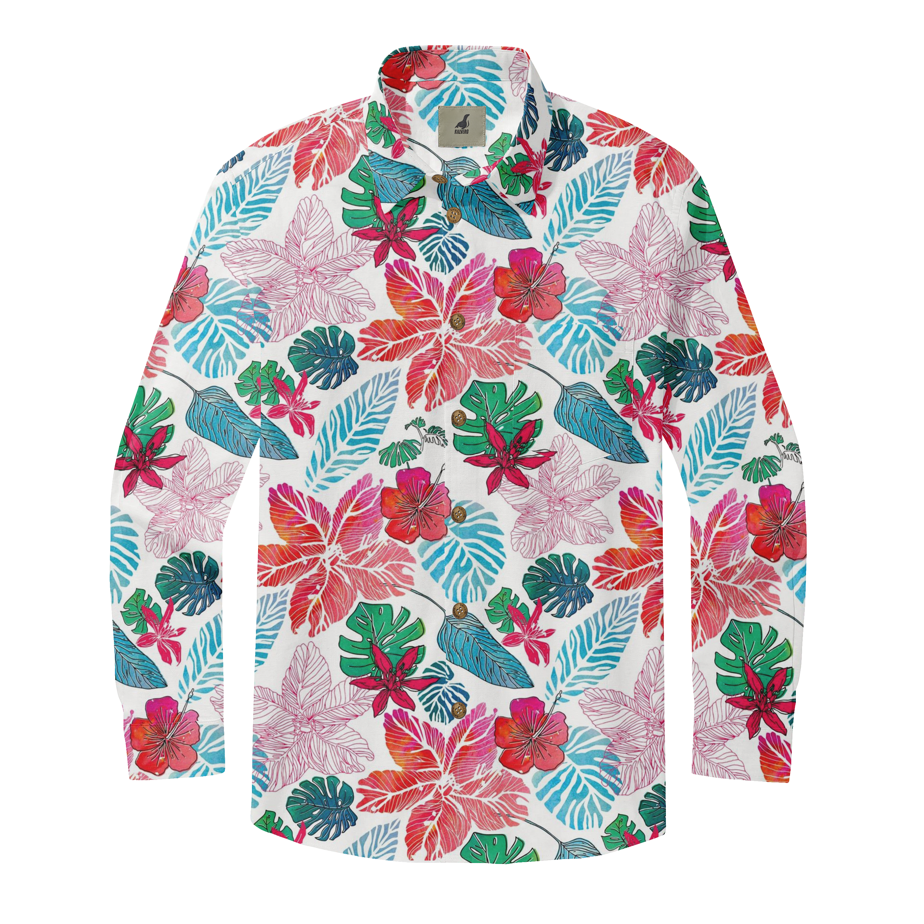 Vibrant tropical print shirt with colorful flowers and leaves.