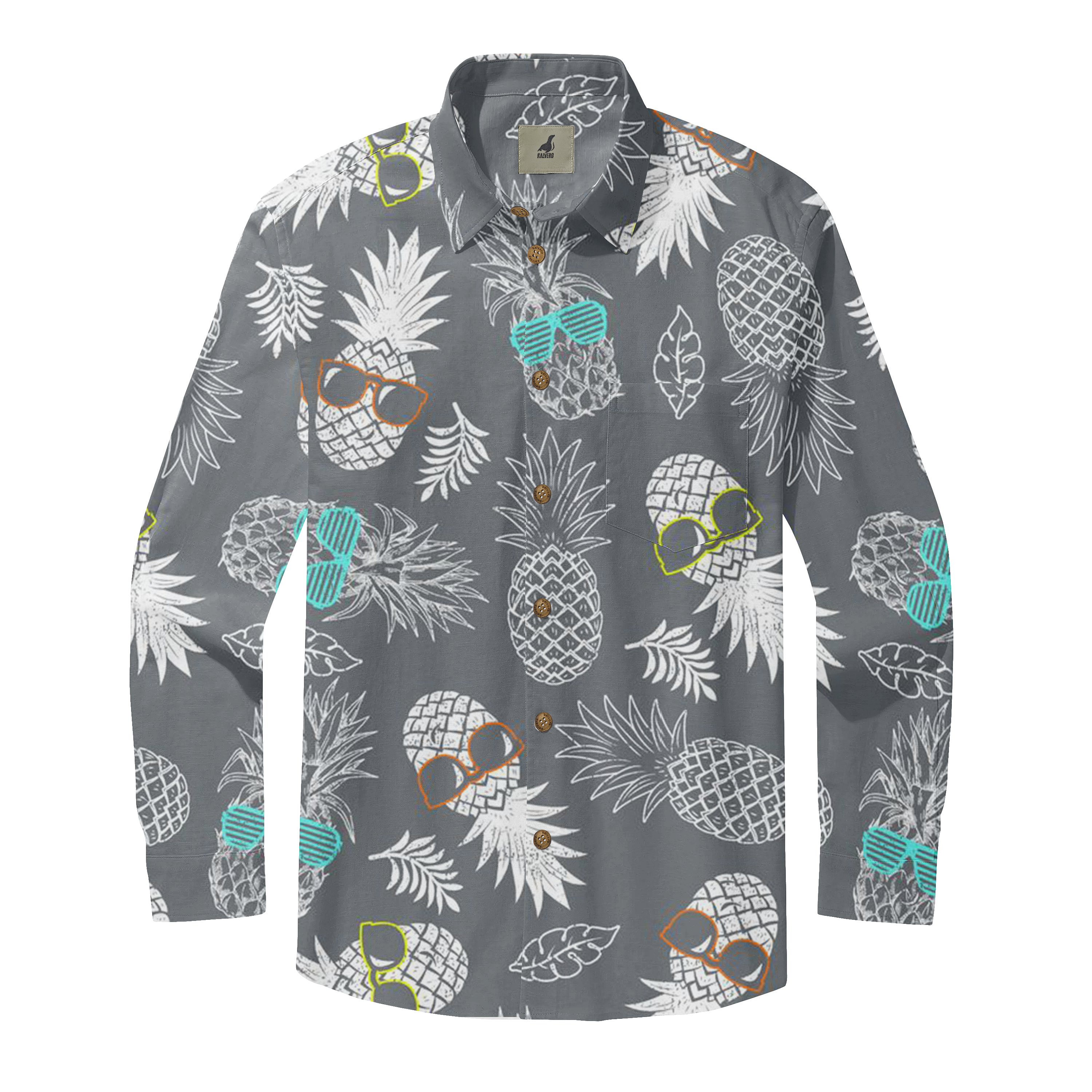 Gray long-sleeve shirt with pineapple and leaf pattern, some.
