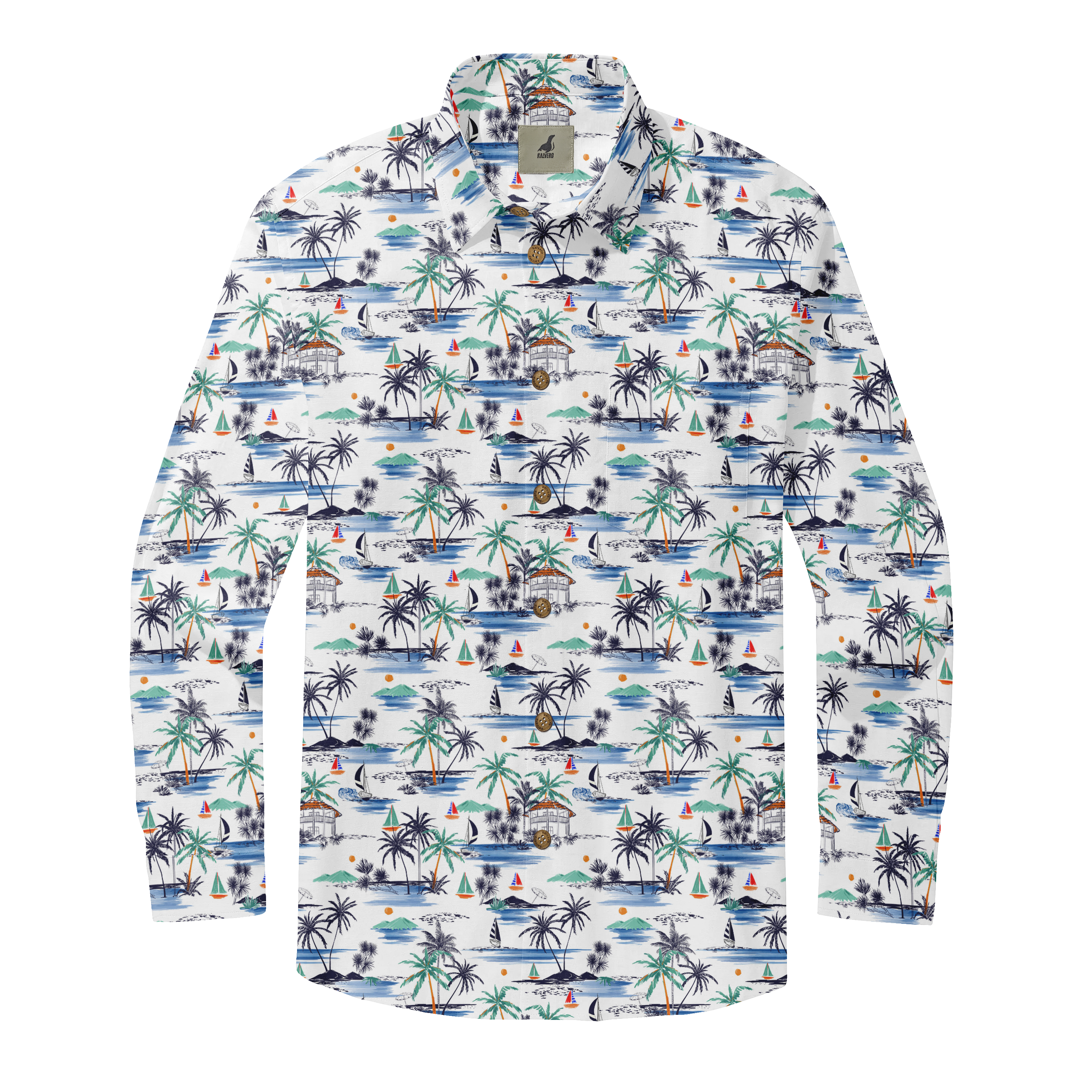 White shirt with palm trees, sailboats, and beach huts pattern.