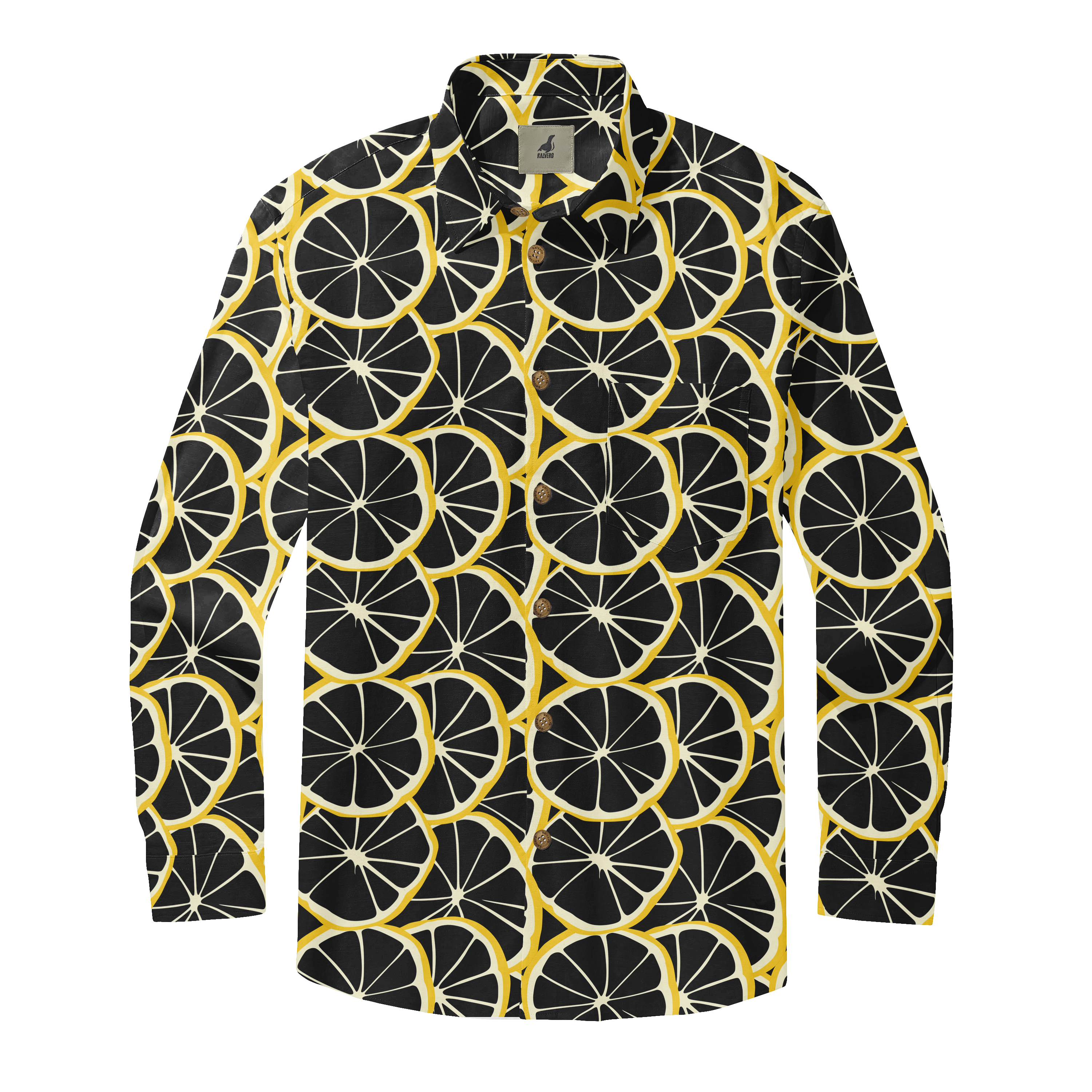 Black shirt with yellow and white lemon slice pattern, button-up.