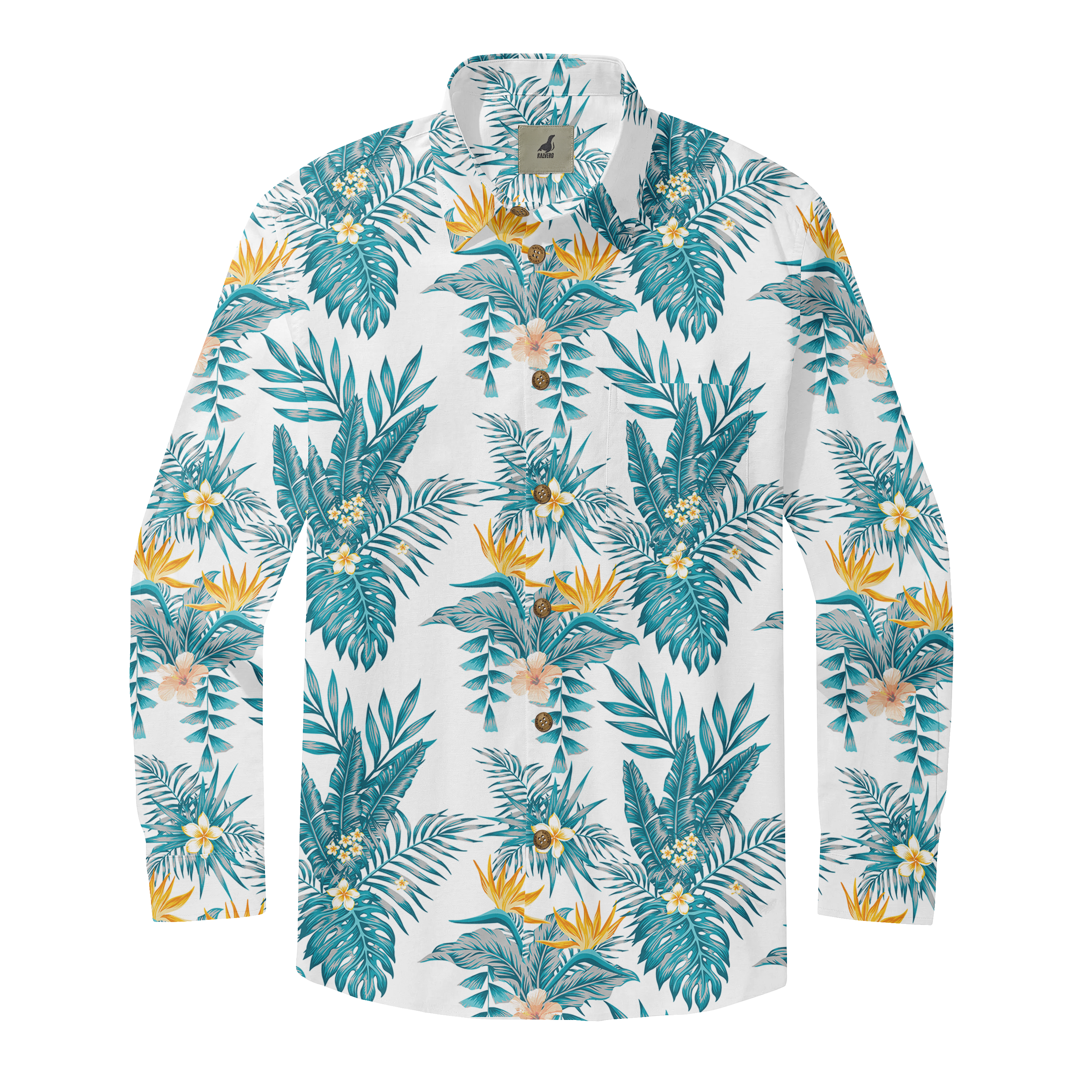 White long-sleeve shirt with tropical leaf and flower pattern.