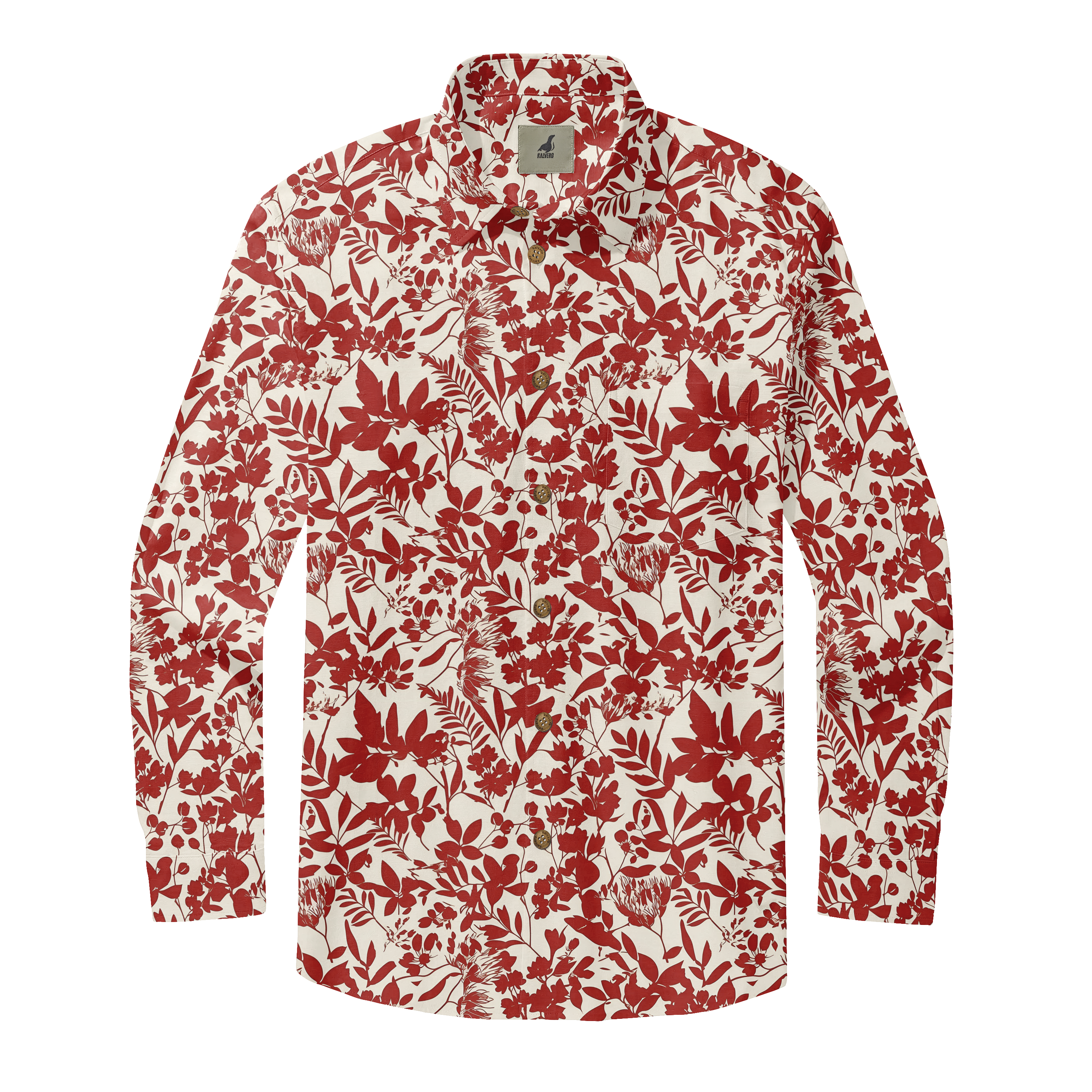 Red floral patterned long-sleeve shirt with cream background.