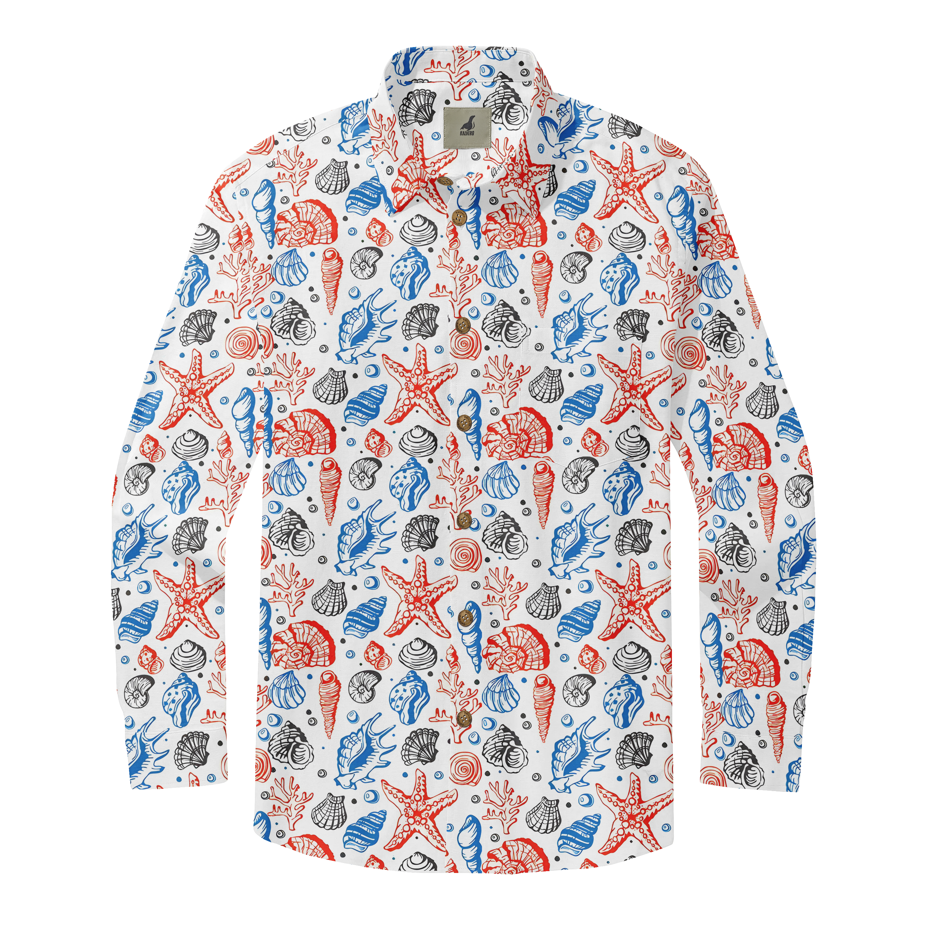 White long-sleeve shirt with red, blue, and black sea-themed pattern.