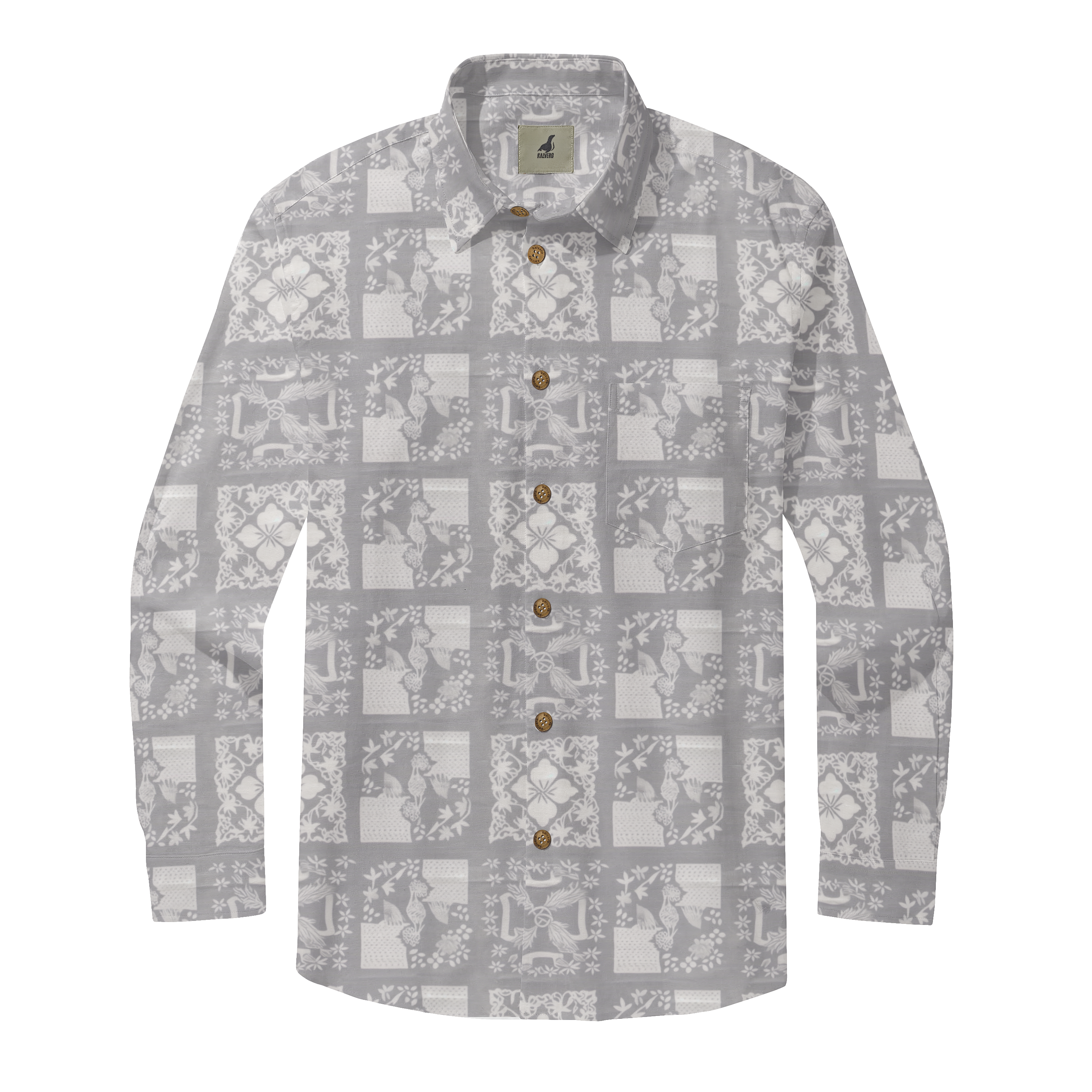 Gray patterned long-sleeve shirt with floral and bird motifs, gold.