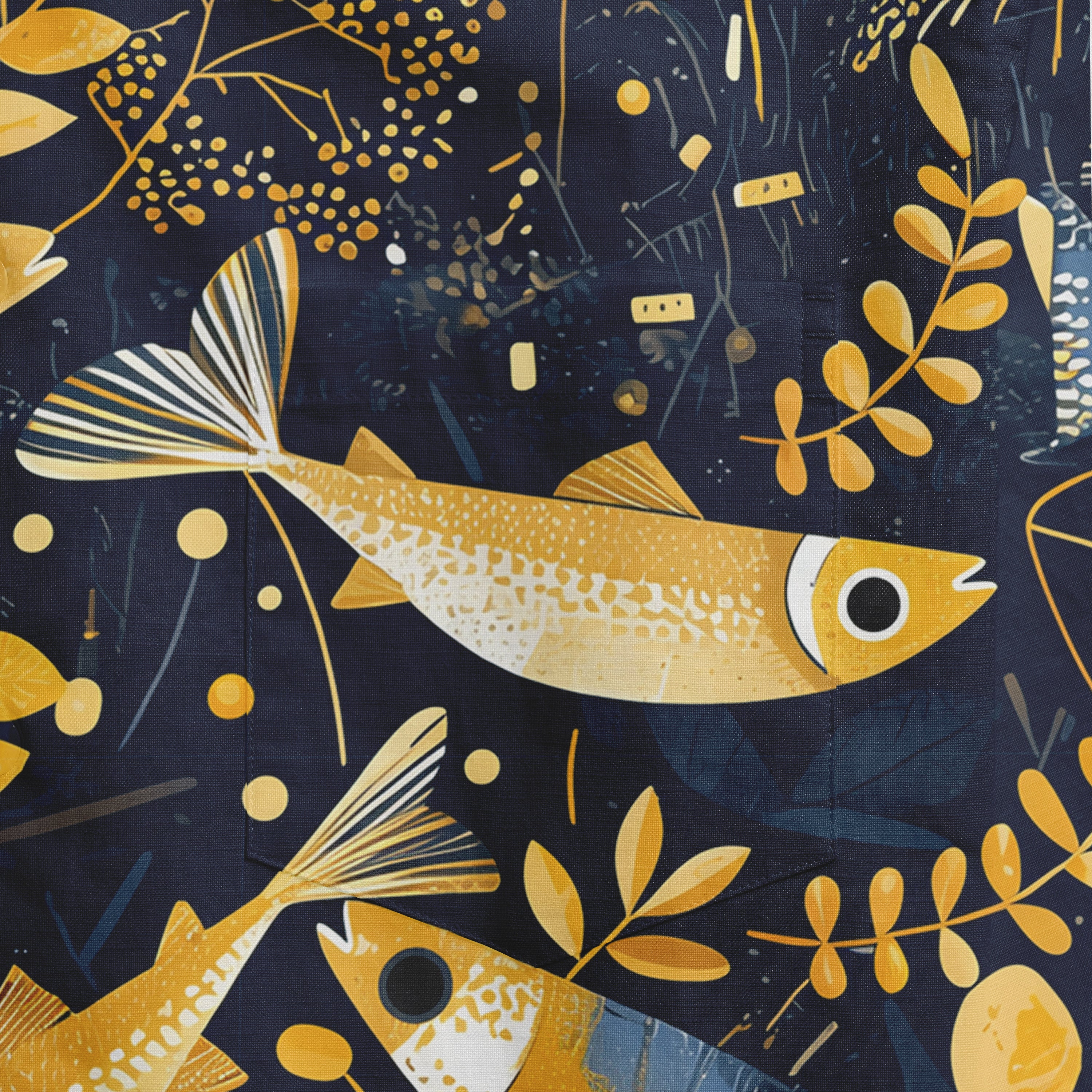 Navy blue fabric with golden fish and foliage pattern, featuring.