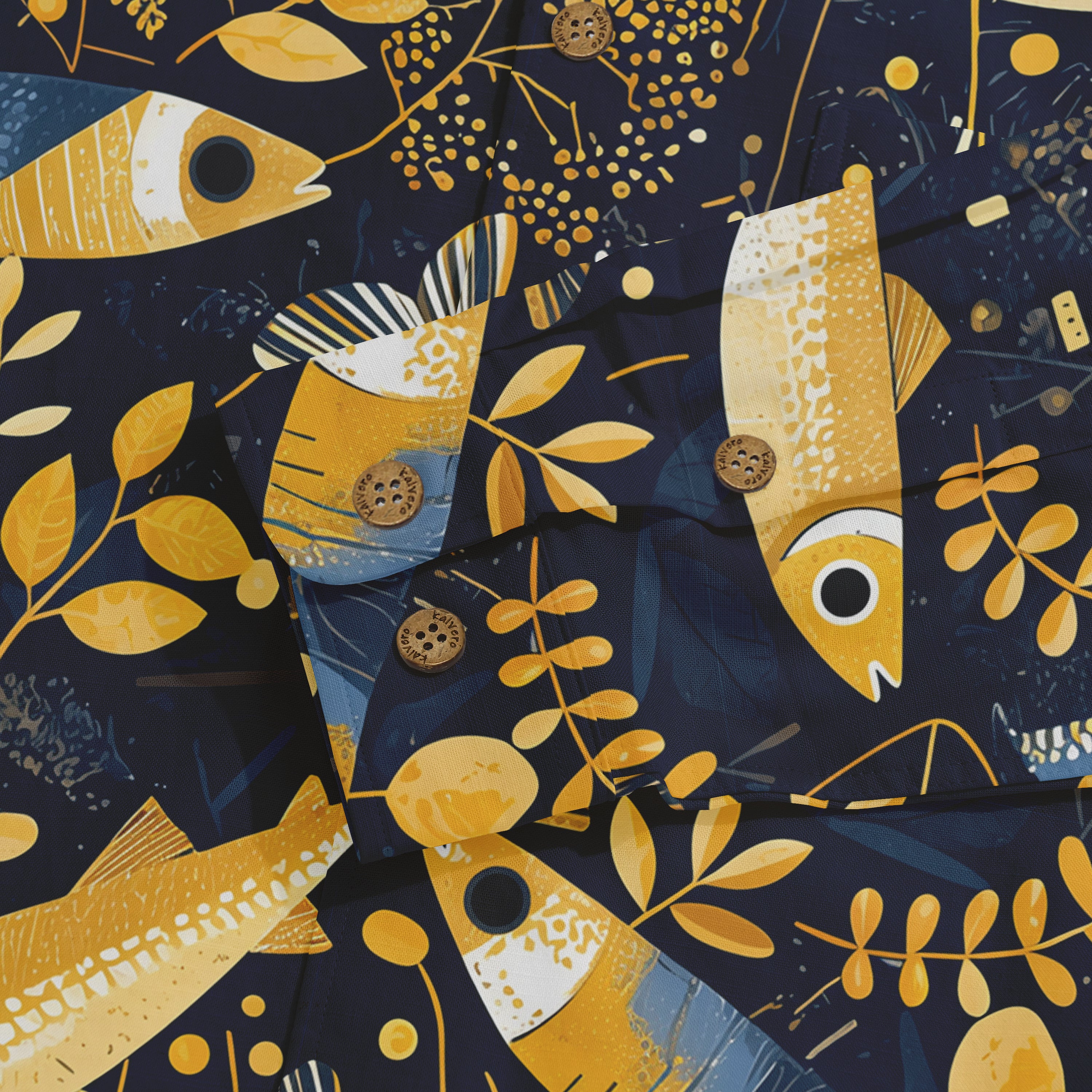 Navy fabric with yellow fish and leaf patterns, button details.