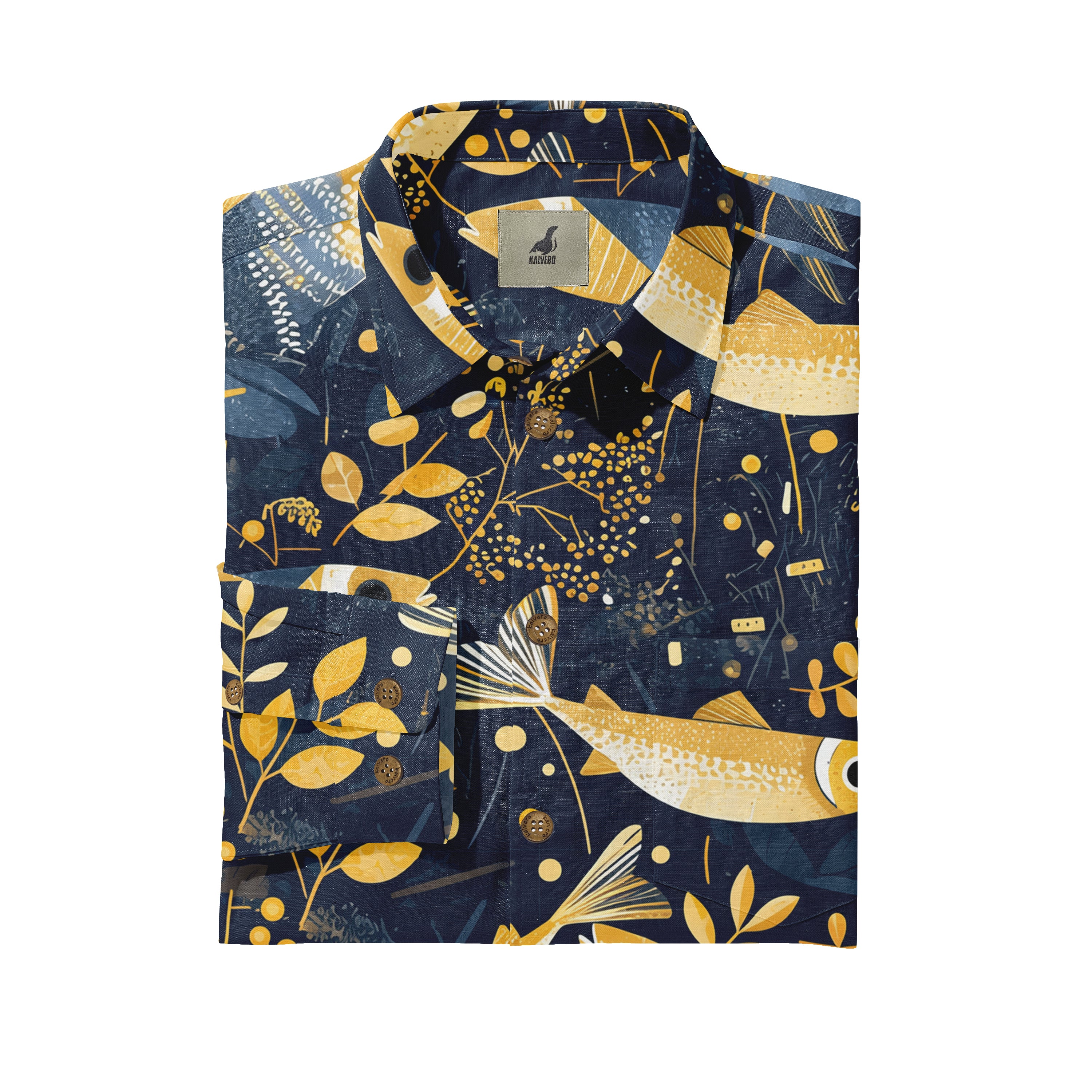 Navy blue shirt with yellow fish and leaf pattern, featuring.