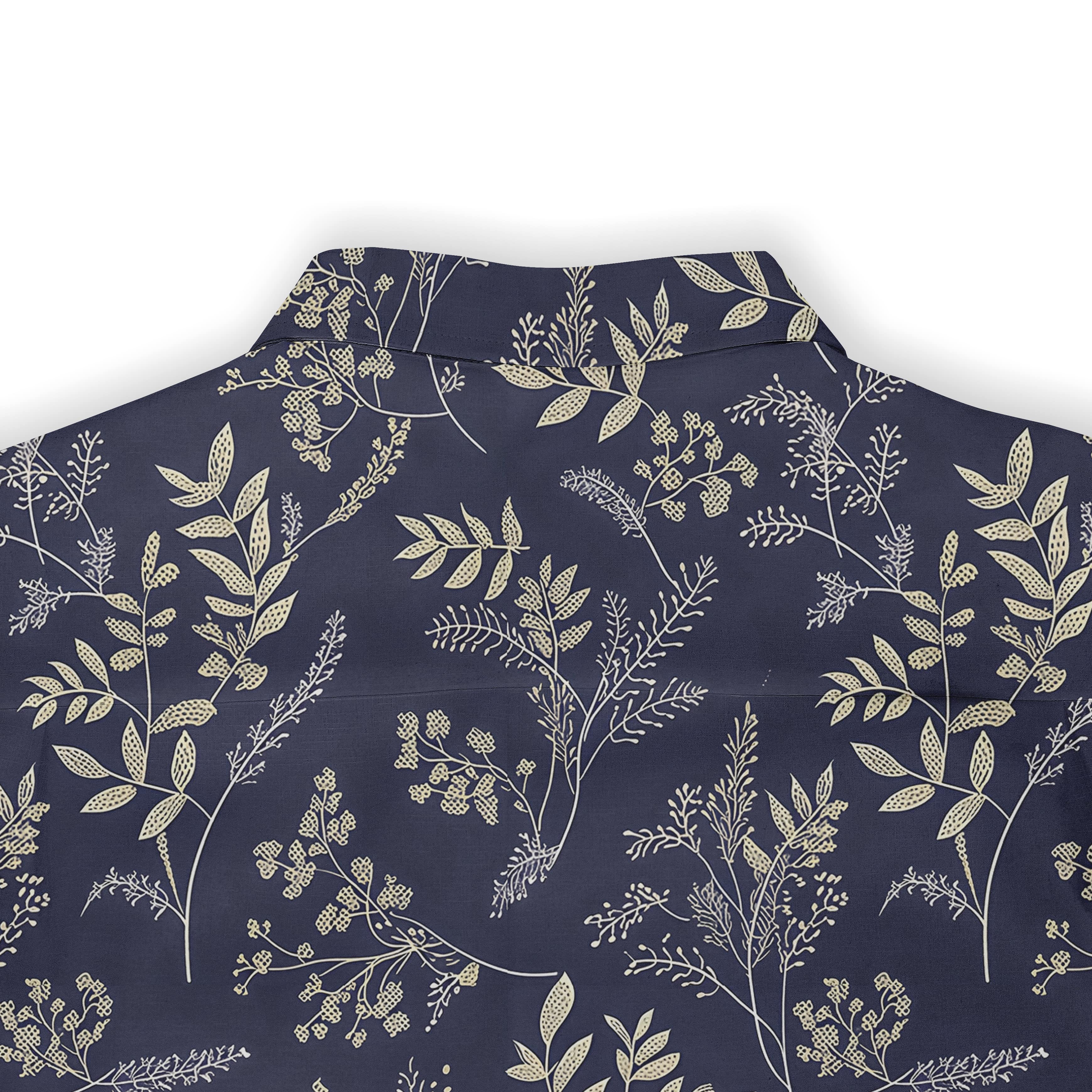 Navy shirt with gold botanical print.