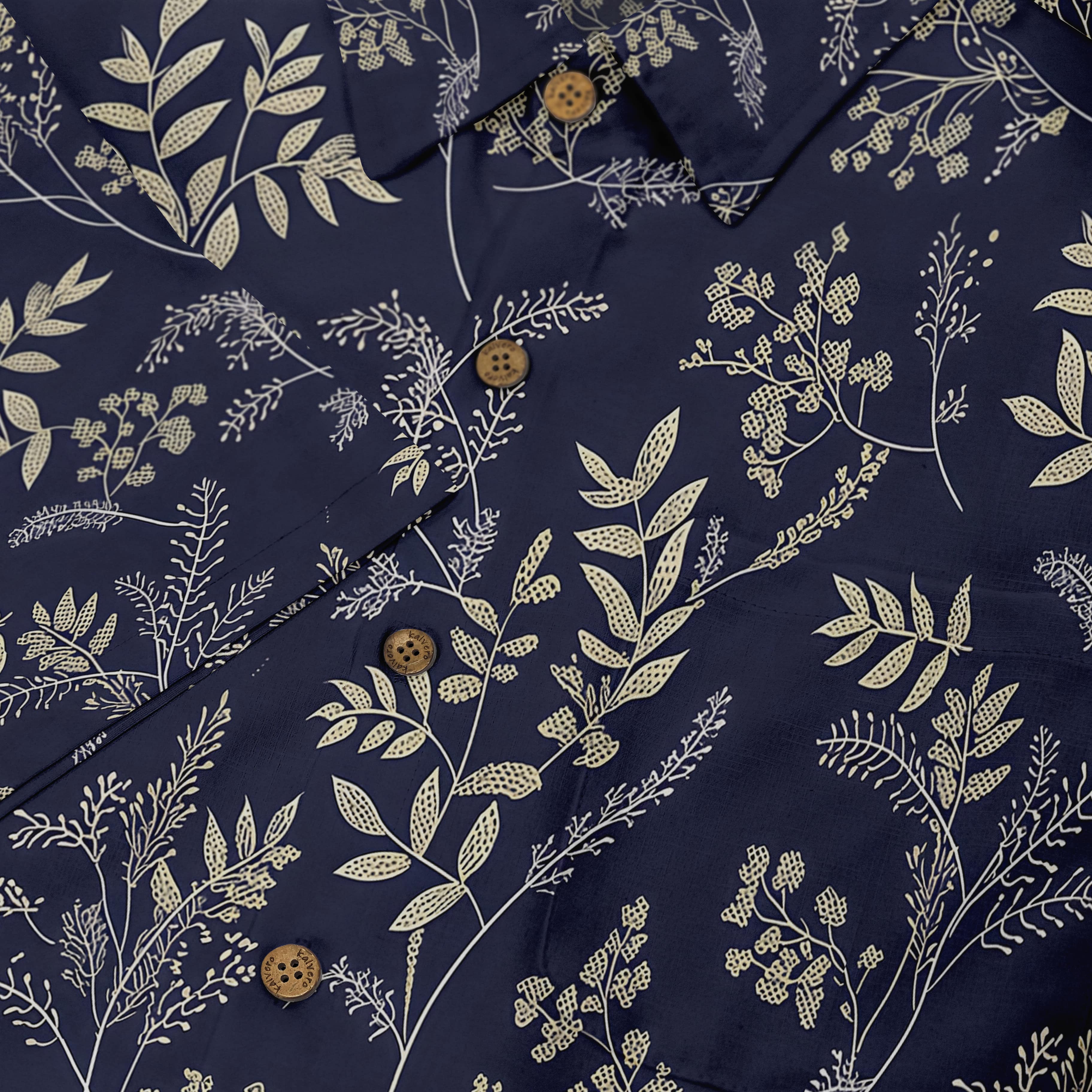 Navy blue shirt with gold botanical print and buttons.