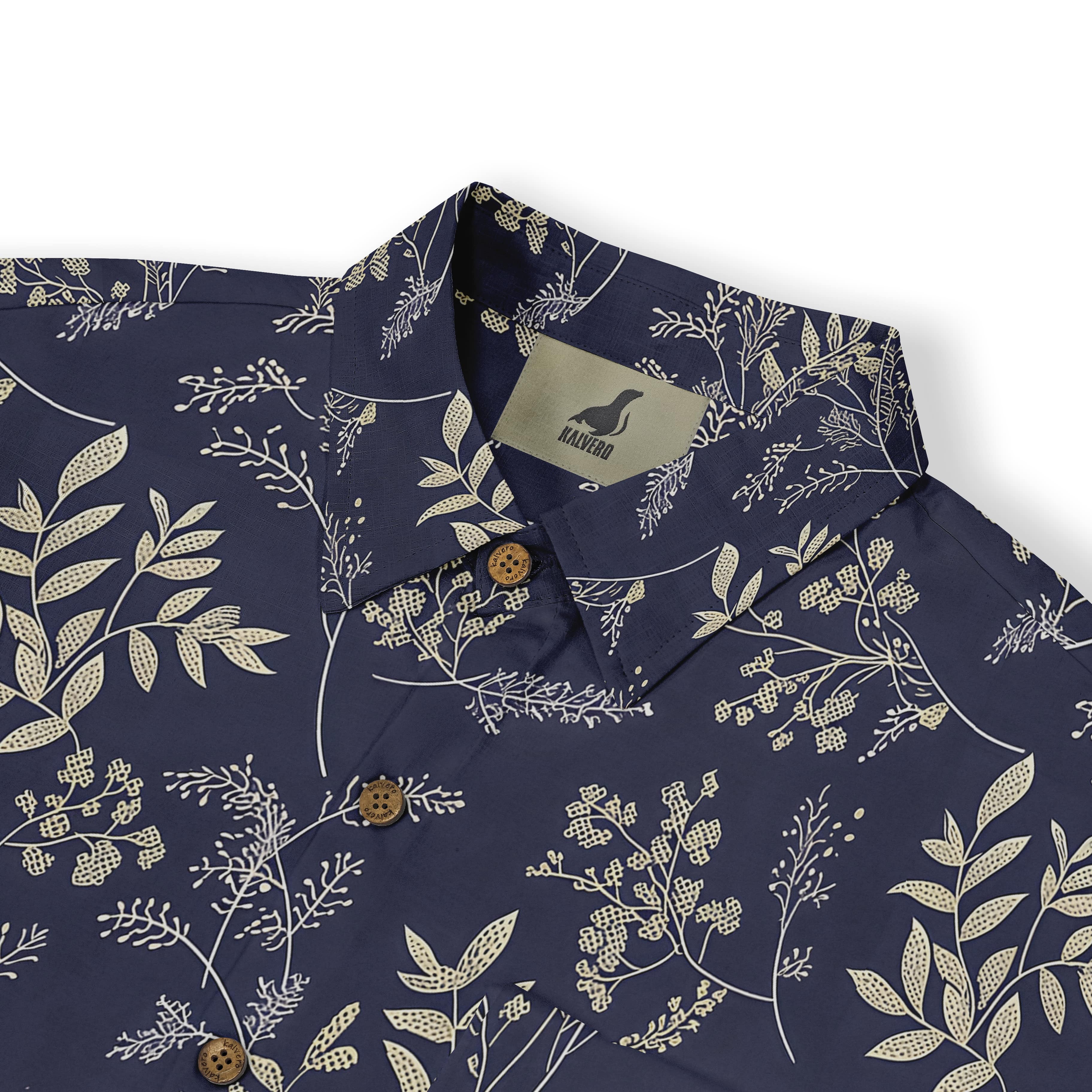 Navy shirt with cream floral pattern and logo tag.