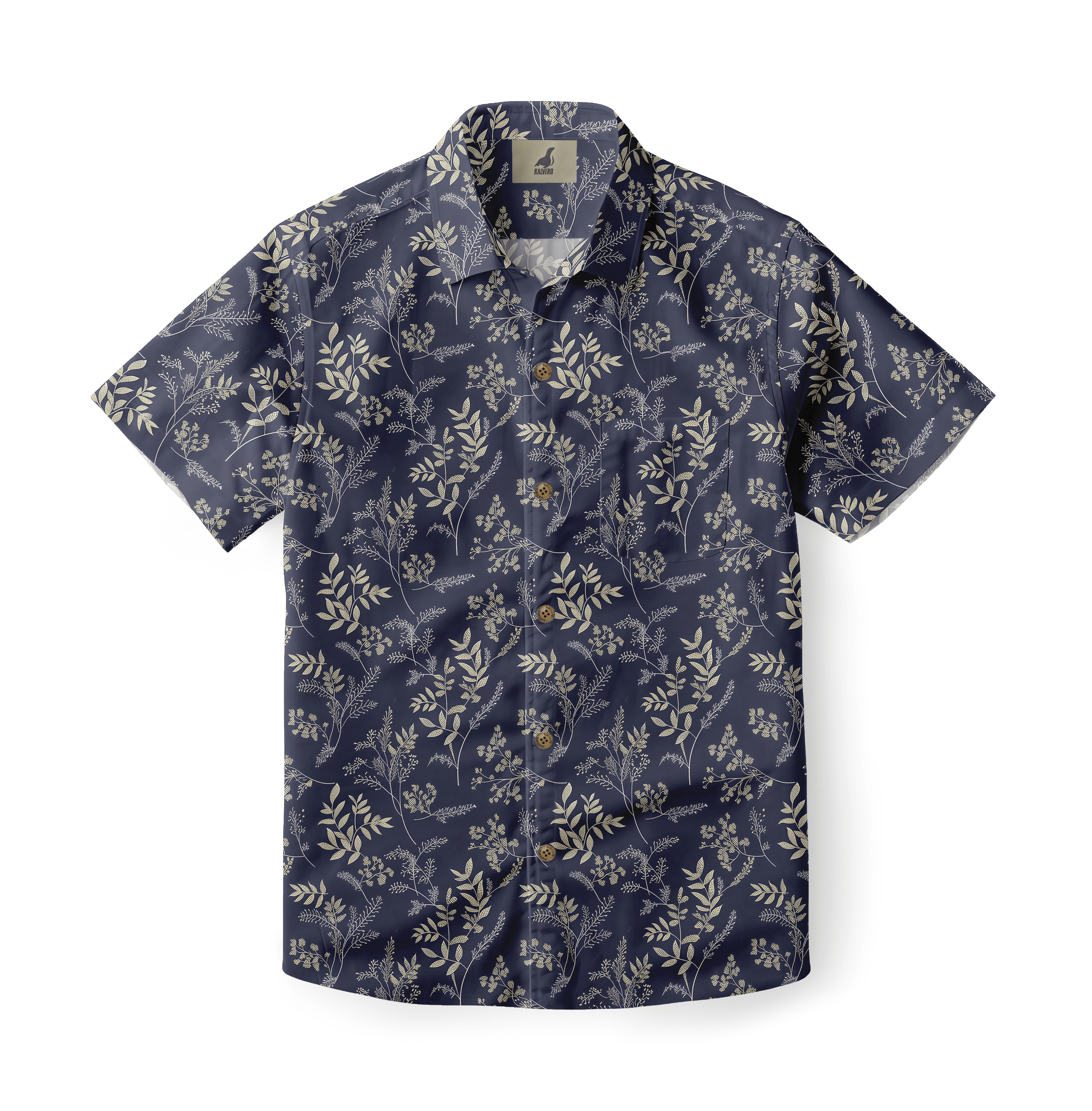 Navy short-sleeve shirt with cream floral pattern.