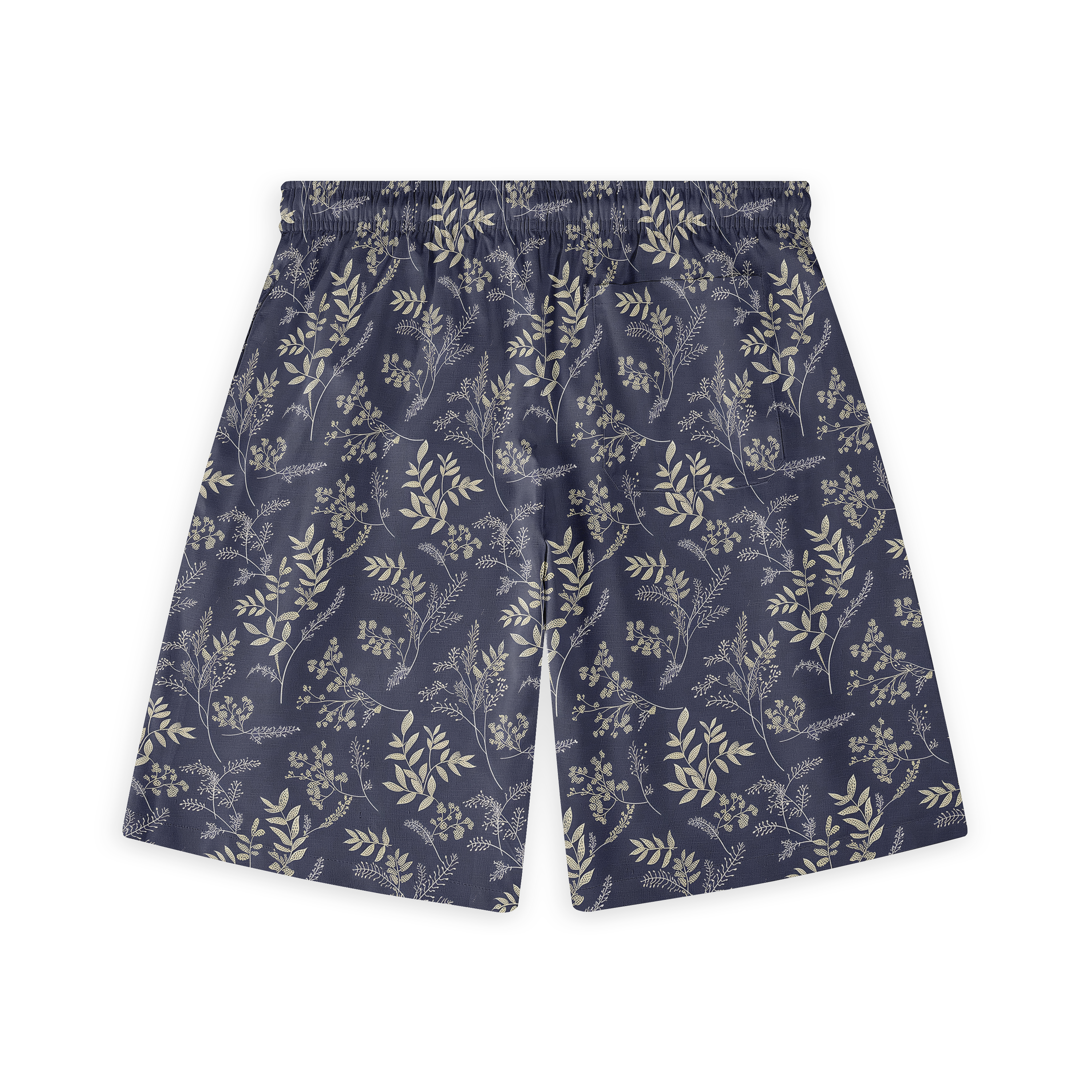 Navy shorts with cream floral pattern, elastic waistband.