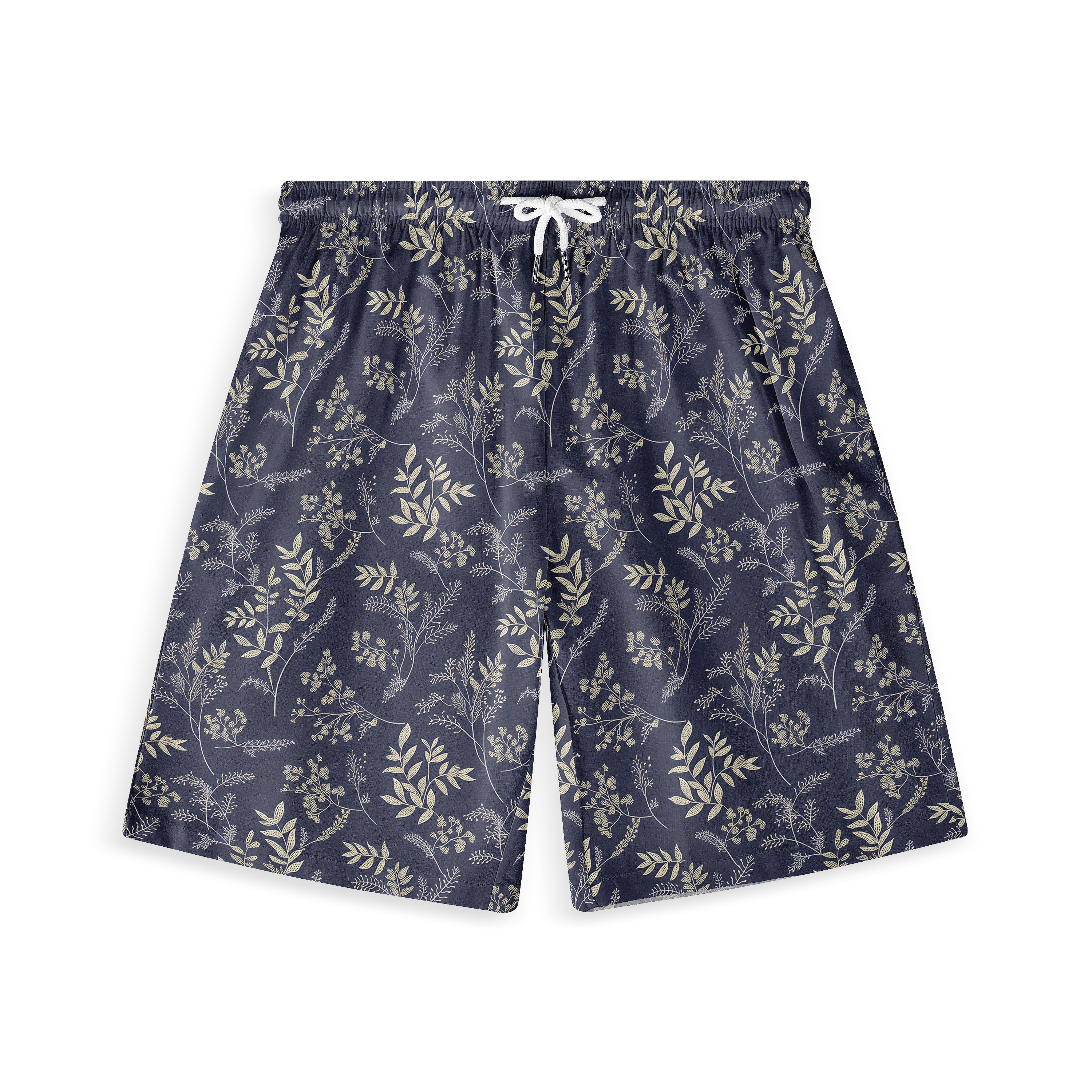 Navy shorts with gold floral print and white drawstring.