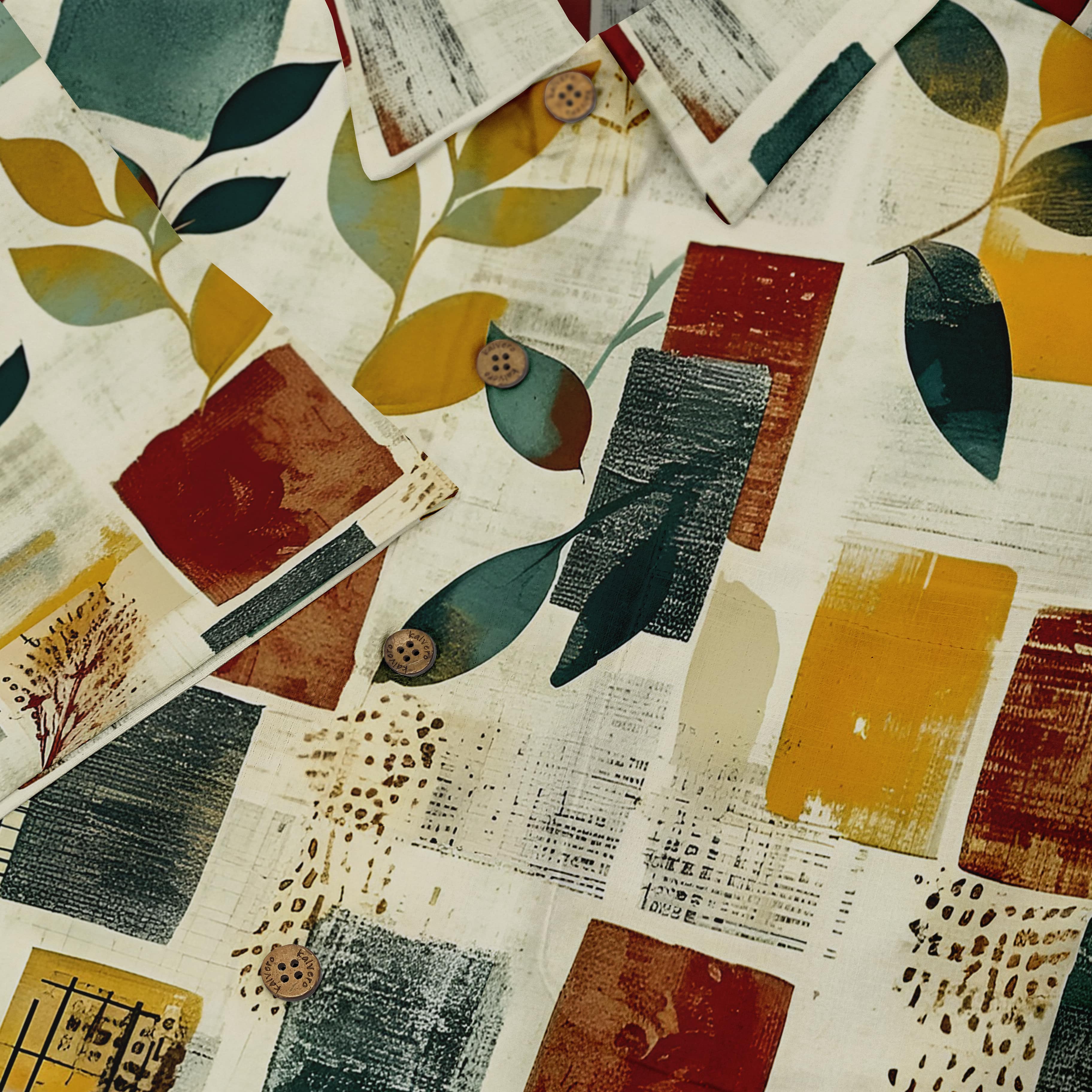 Modern nature print shirt in warm and earthy colors.