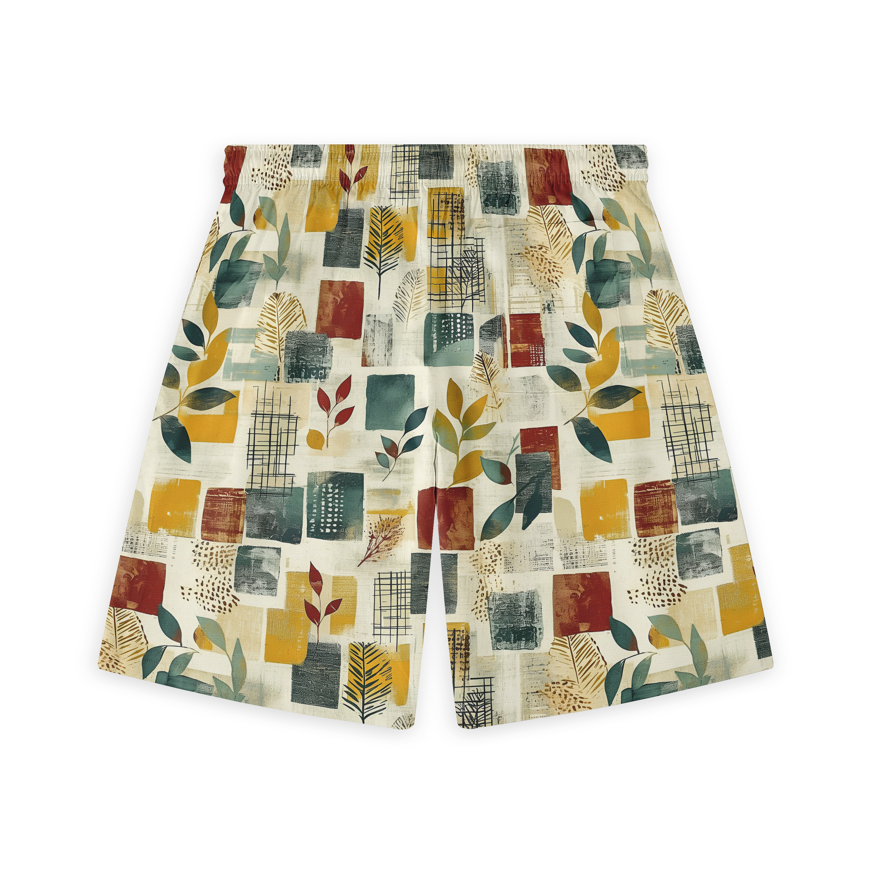 Colorful patterned shorts with leaves and geometric shapes.