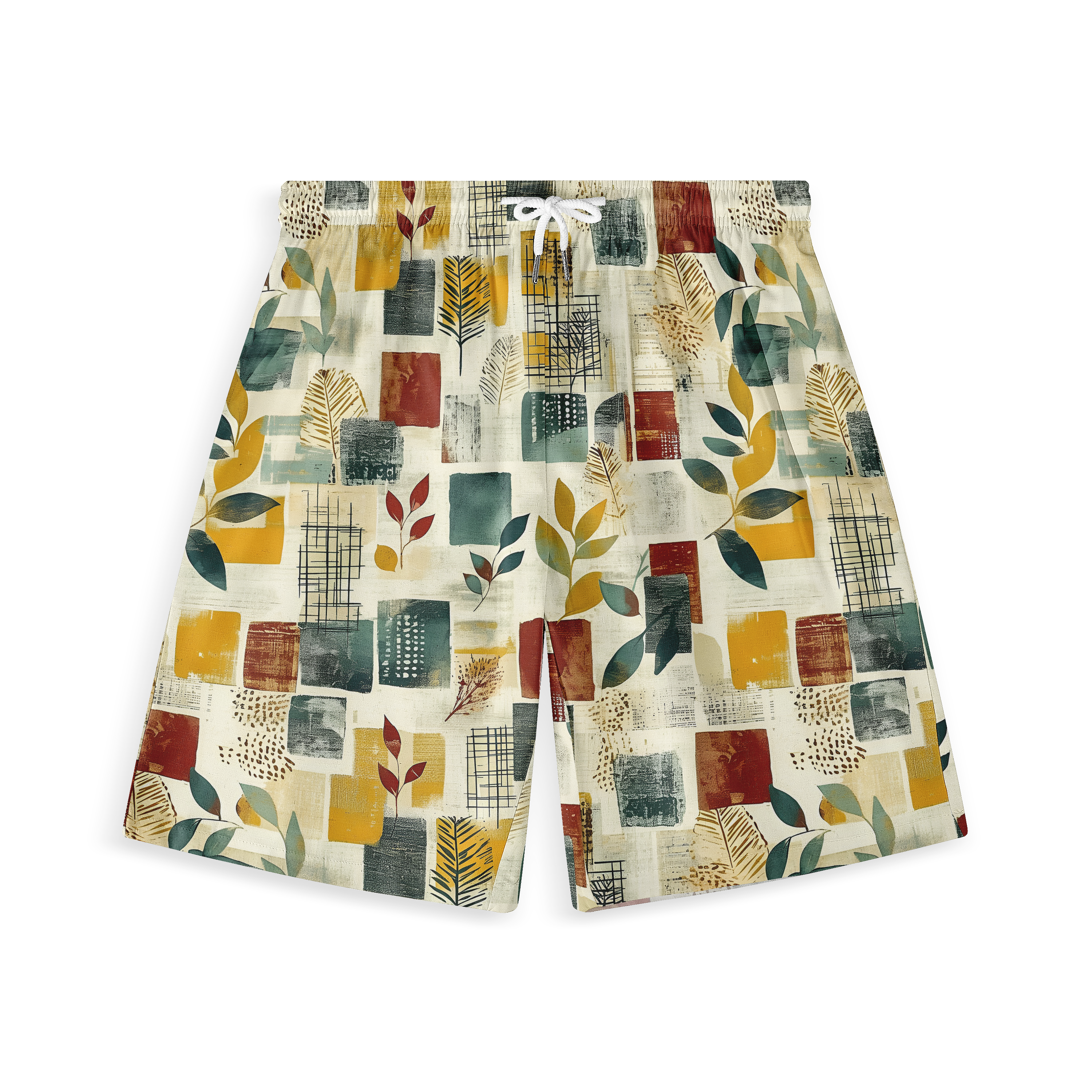 Colorful patterned shorts with leaves and geometric shapes.
