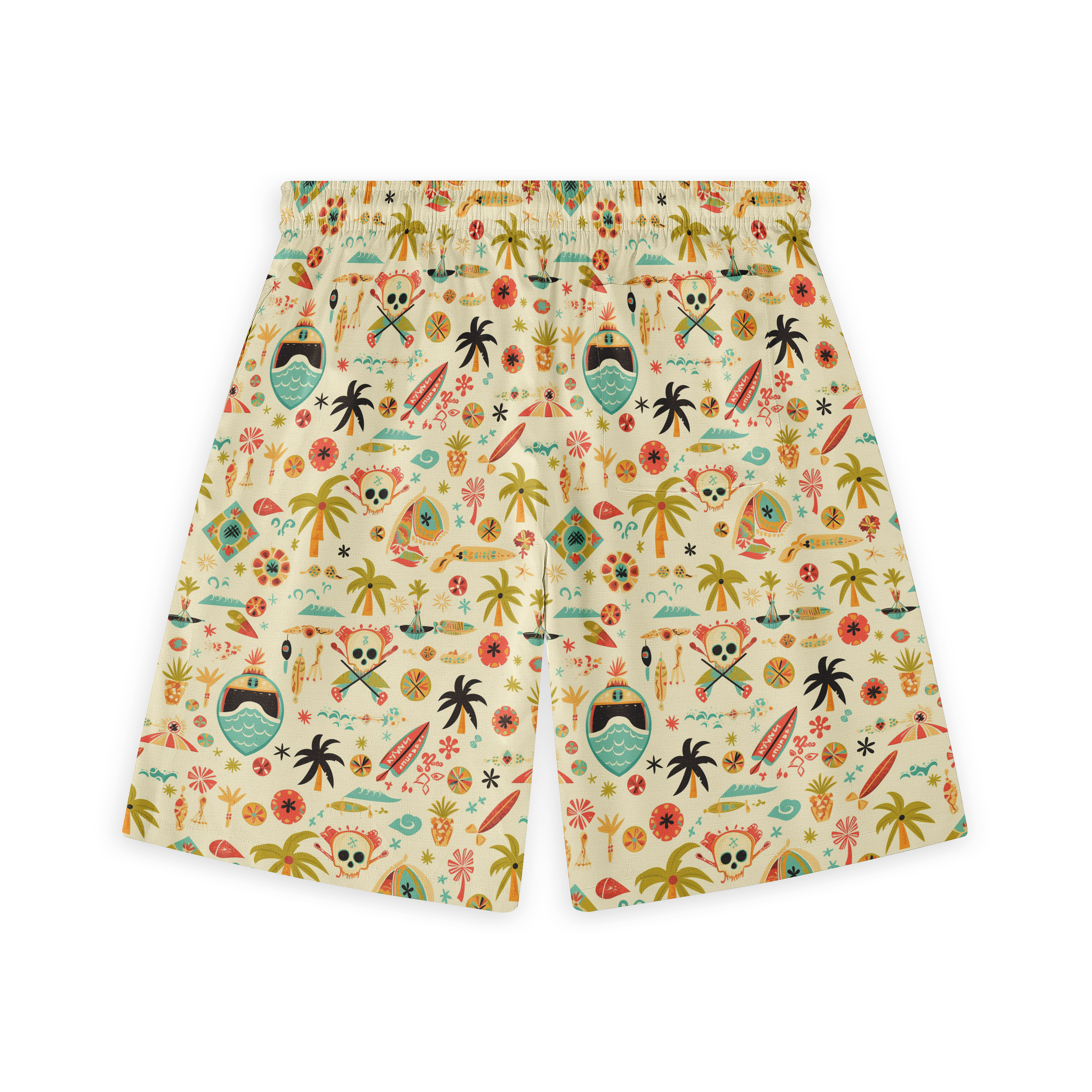 Colorful tropical-themed shorts with palm trees, skulls, surfboards.