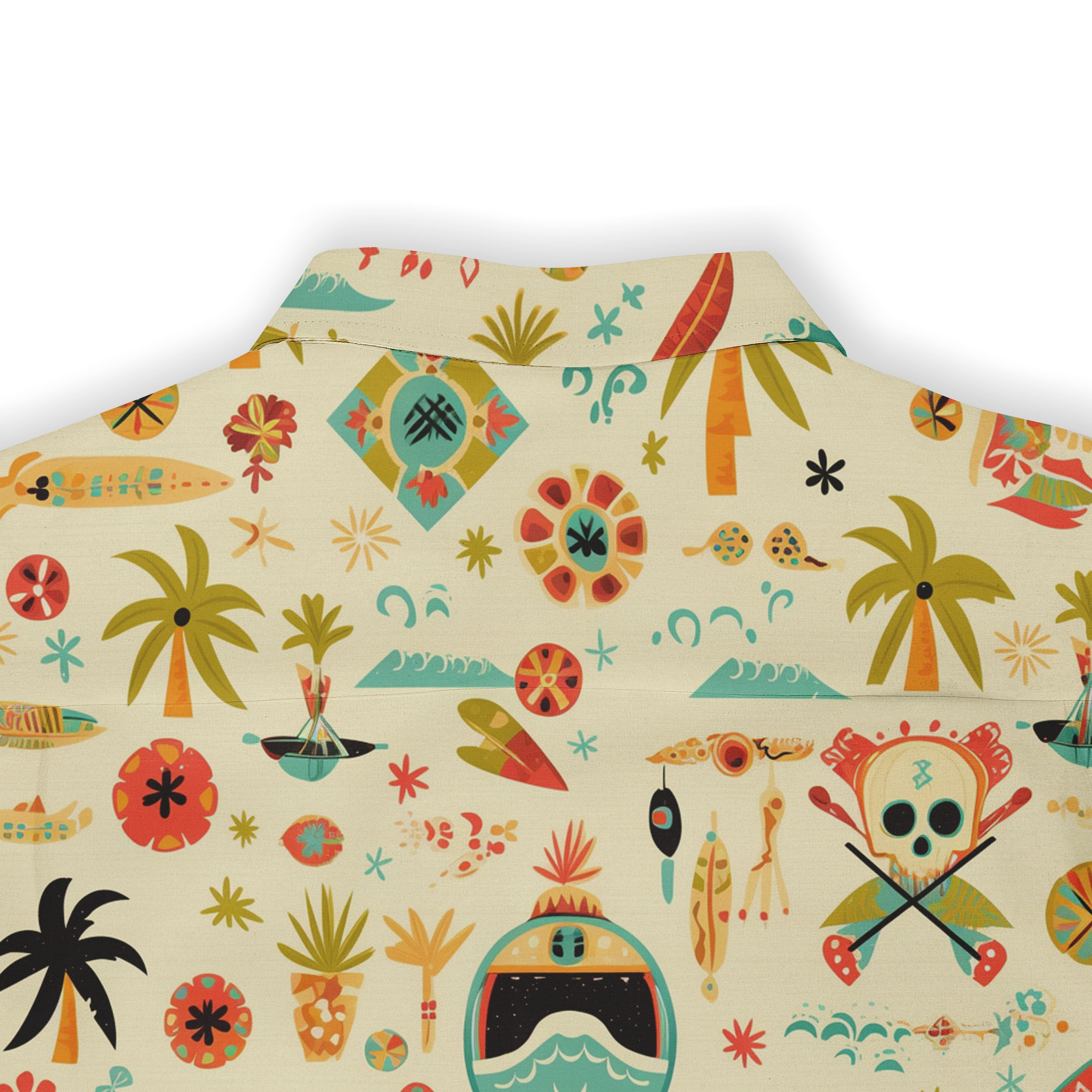 Beige shirt with colorful tropical patterns and skulls.