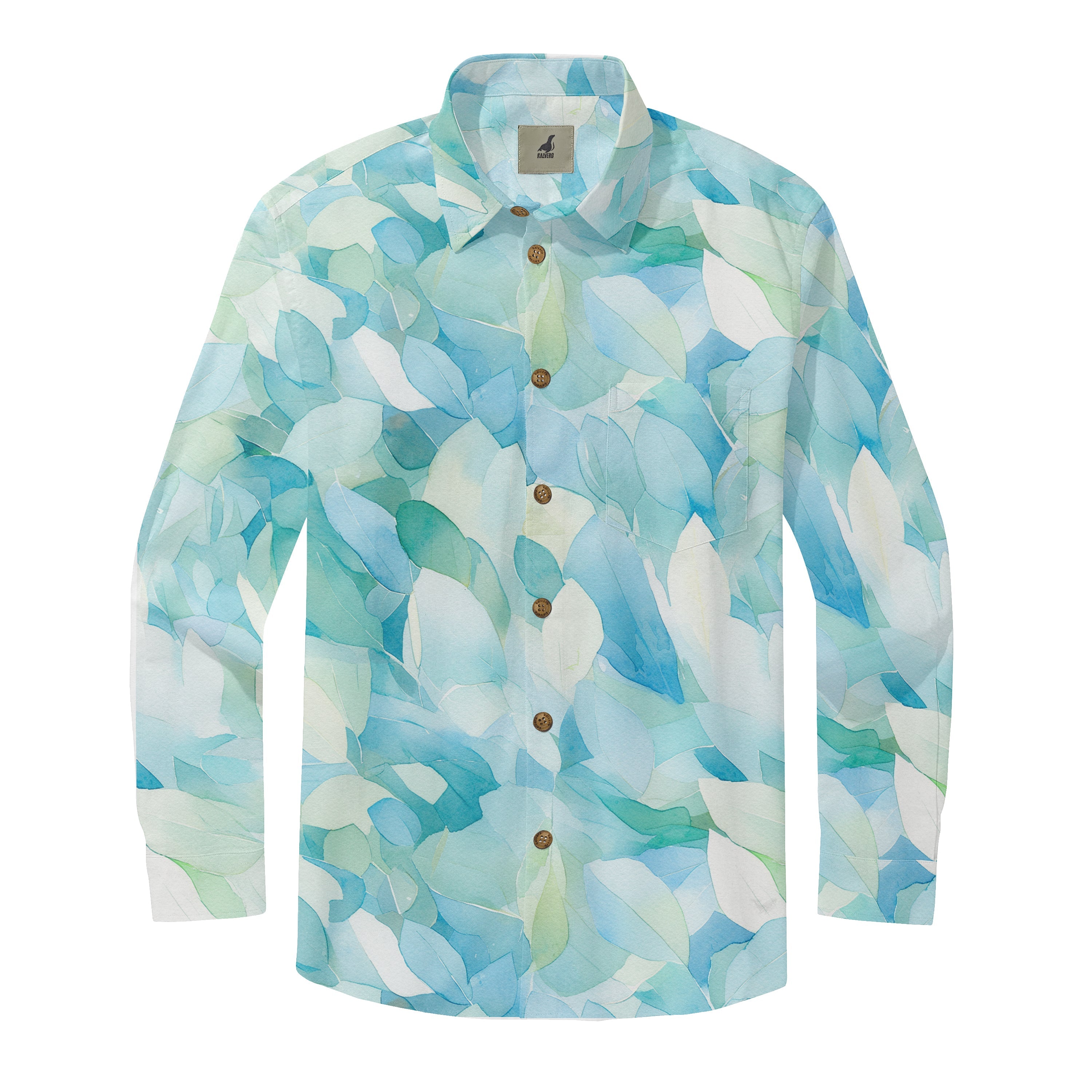 Long-sleeve shirt with abstract leaf pattern in blue, green.