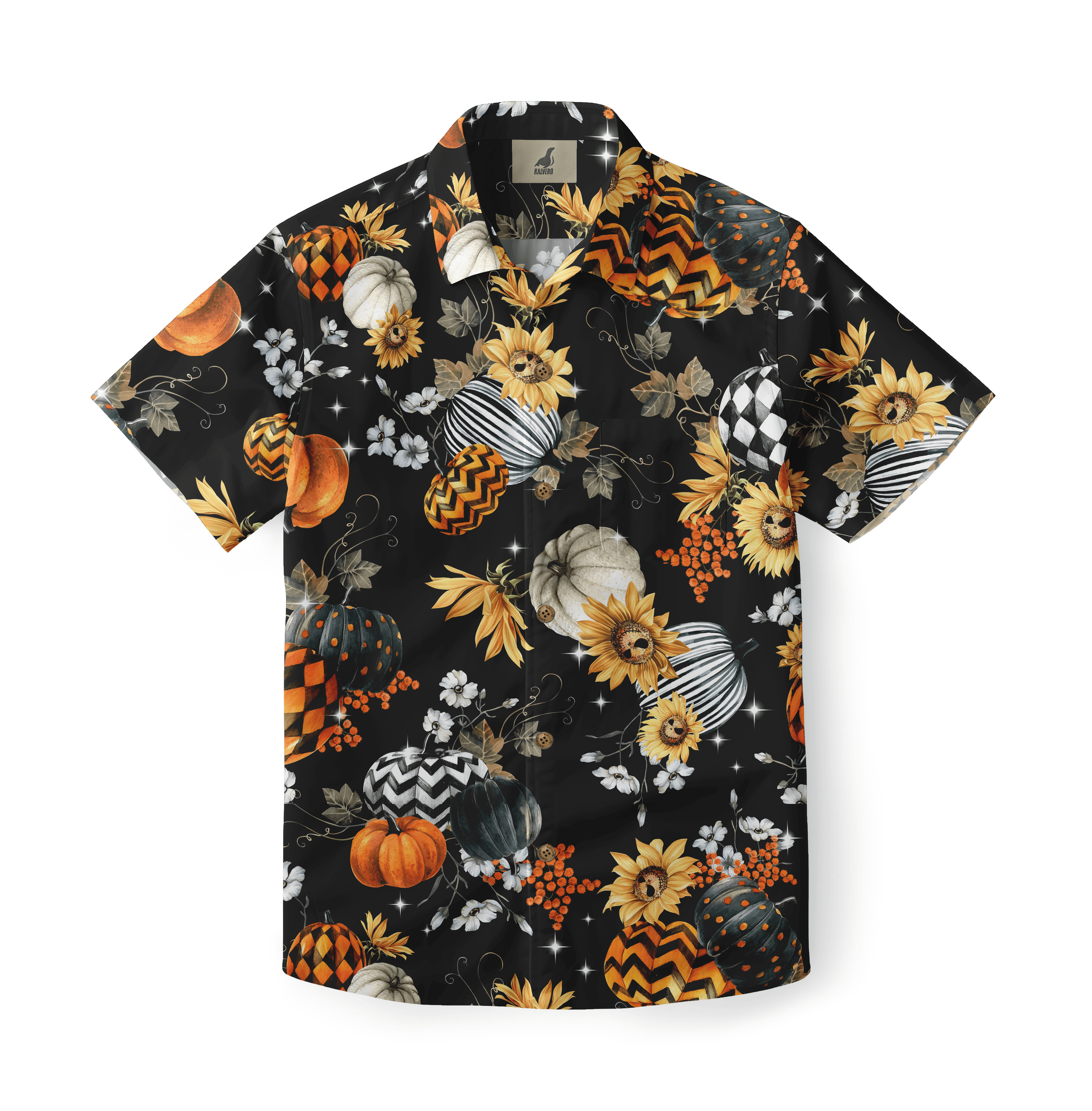 Black Hawaiian shirt with autumn-themed print featuring pumpkins.