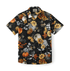 Black Hawaiian shirt with autumn-themed print featuring pumpkins.