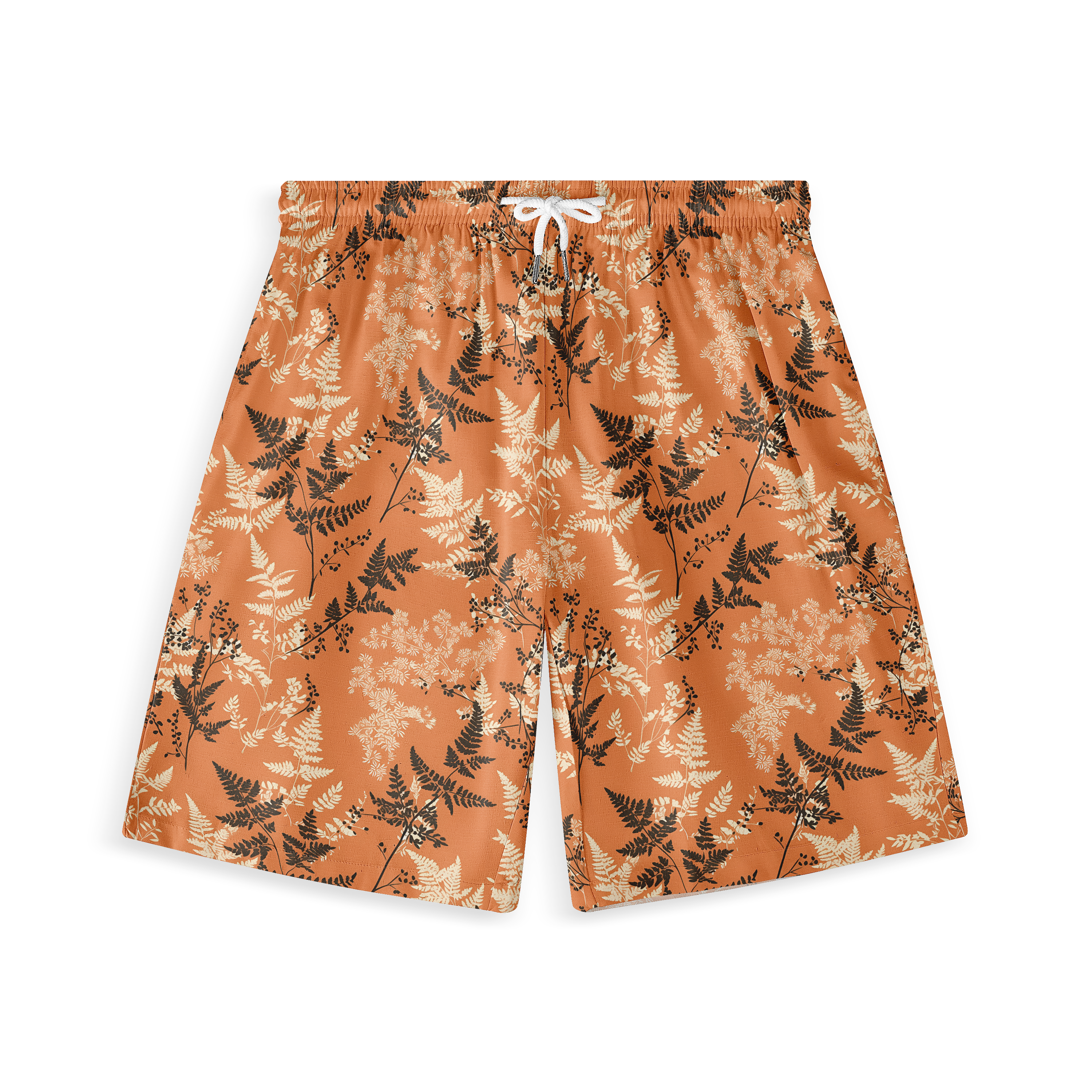 Orange shorts with black and white fern patterns. Elastic waist.