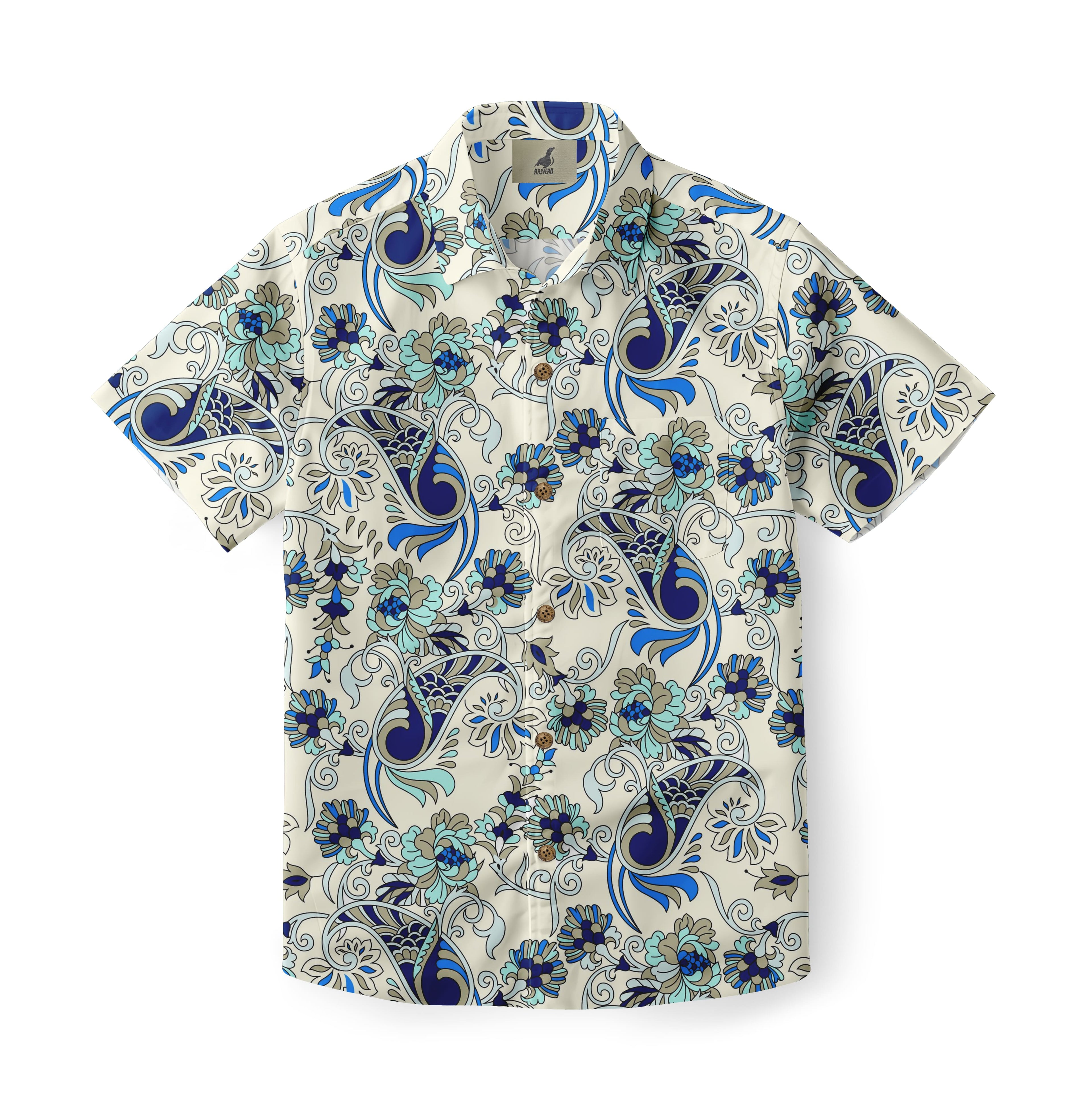 Cream Blue Floral Hawaiian Shirt