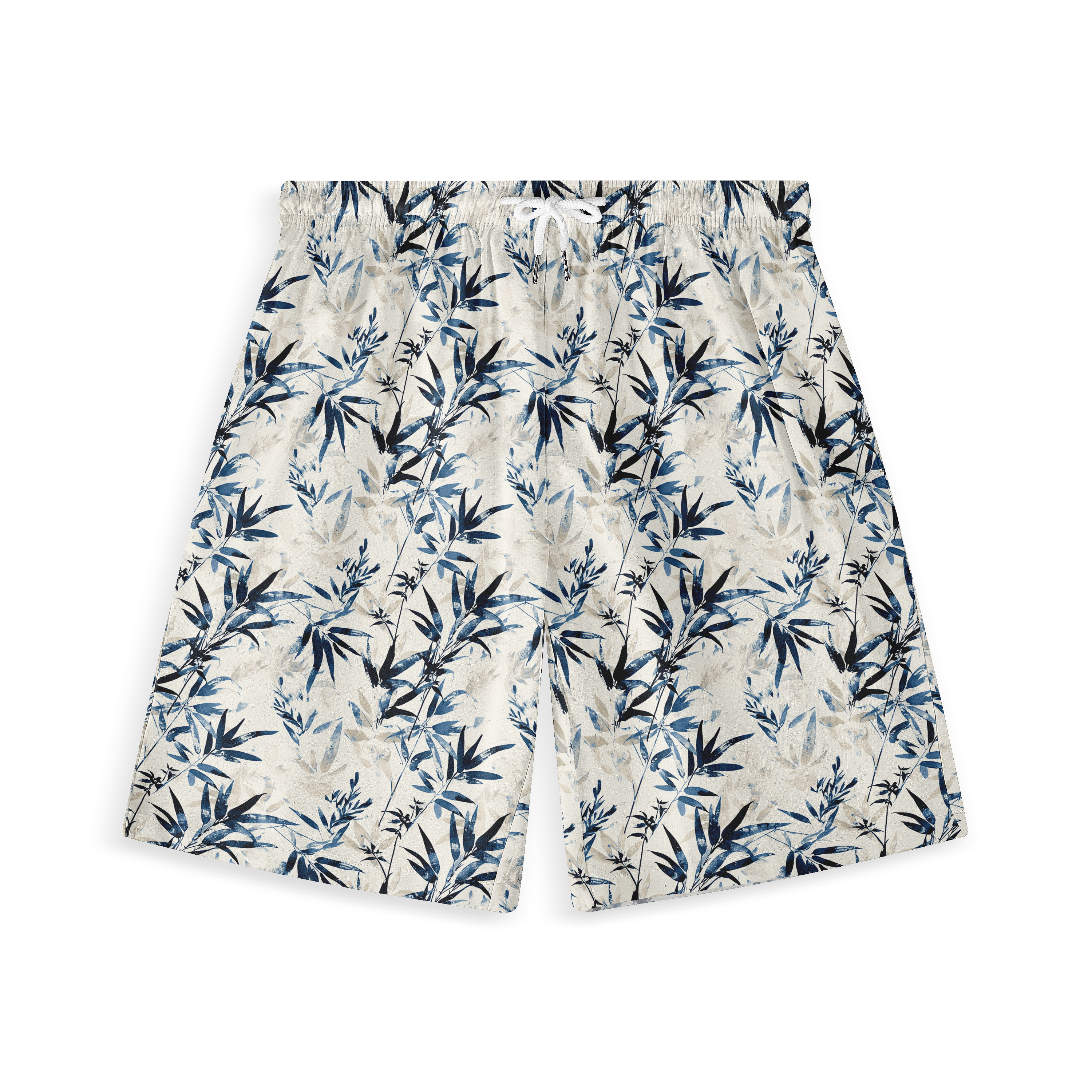 Beige shorts with blue bamboo leaf print and white drawstring waist.