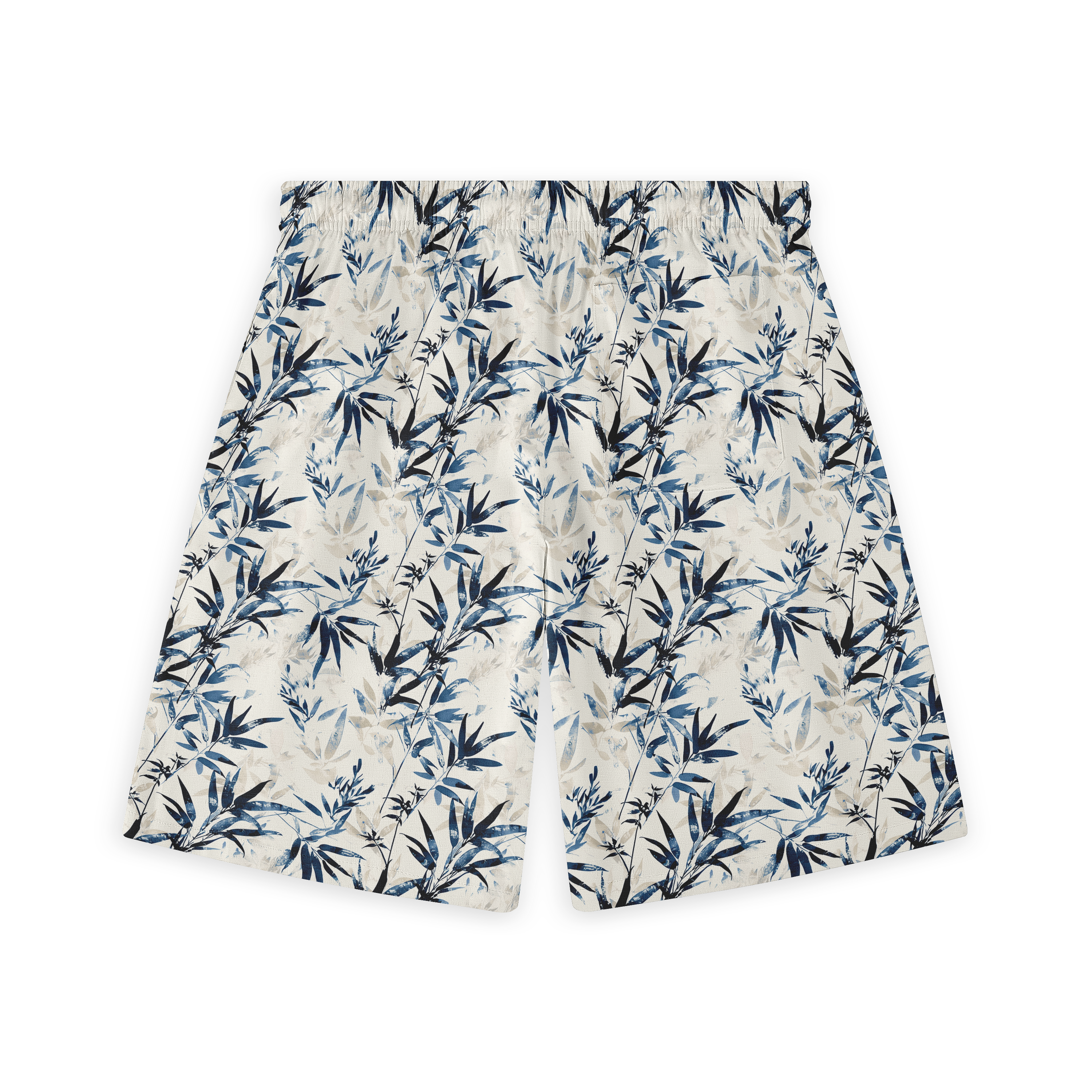 Cream shorts with blue bamboo leaf print, elastic waistband, relaxed.
