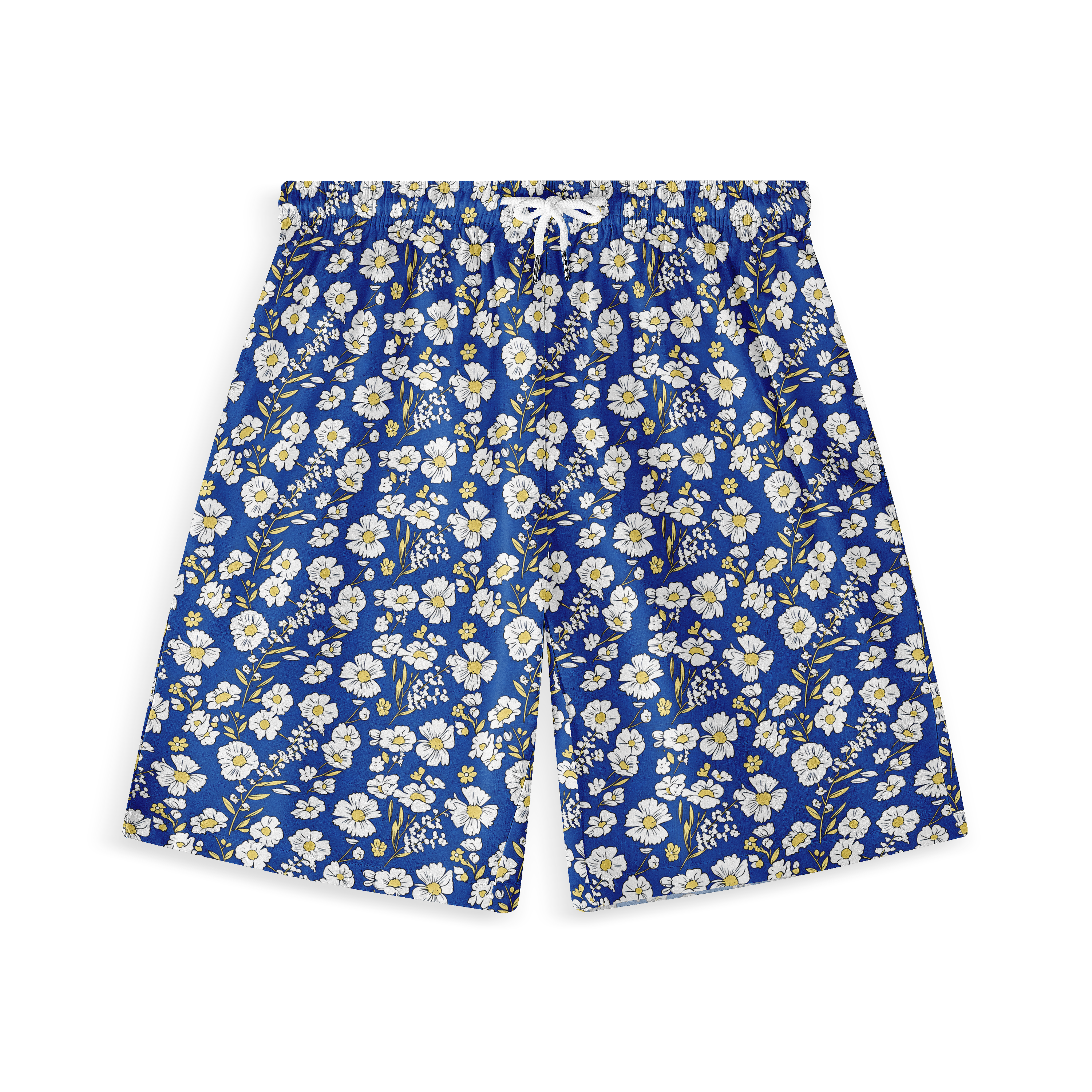 Blue shorts with white daisy and yellow flower print.