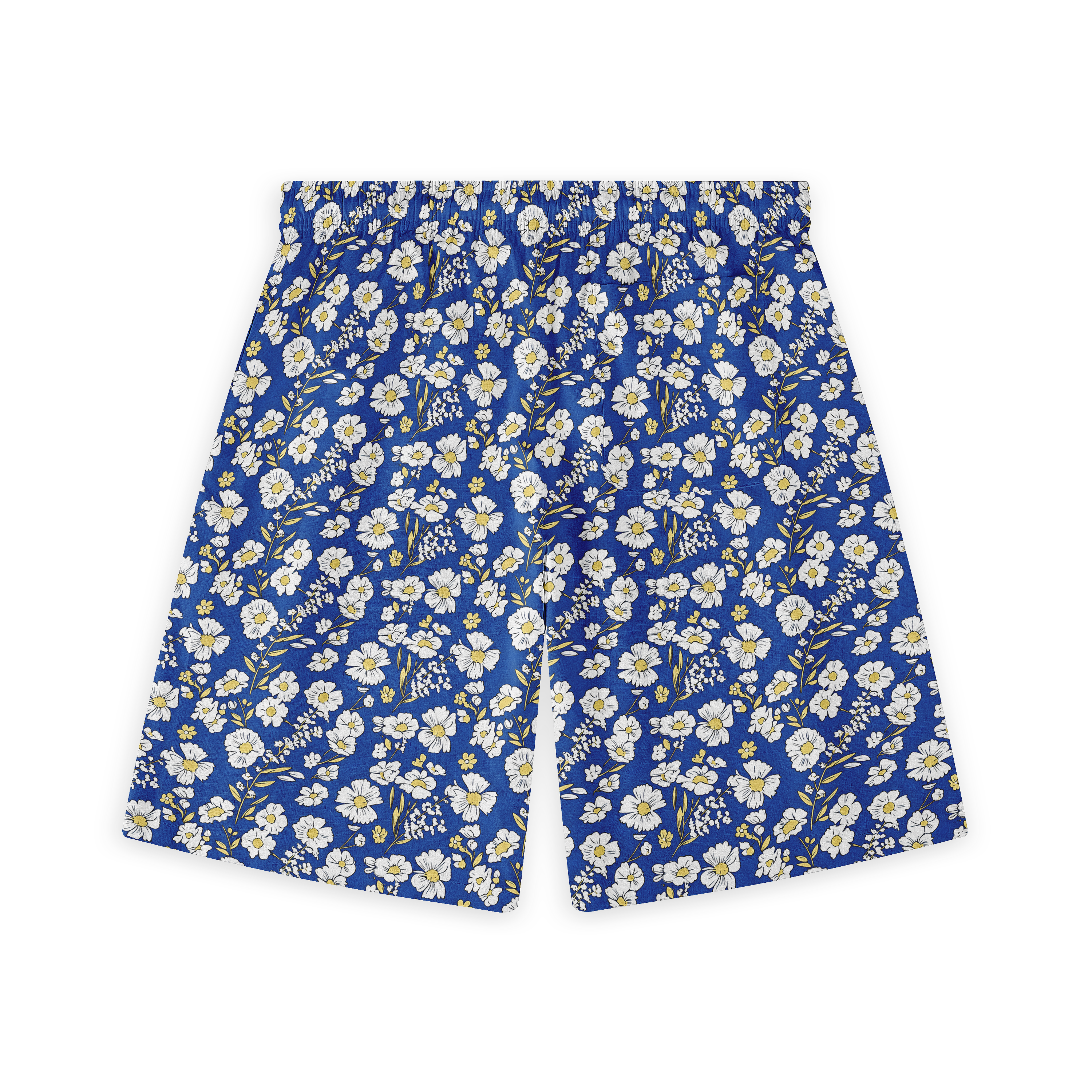 Blue shorts with white and yellow floral pattern.